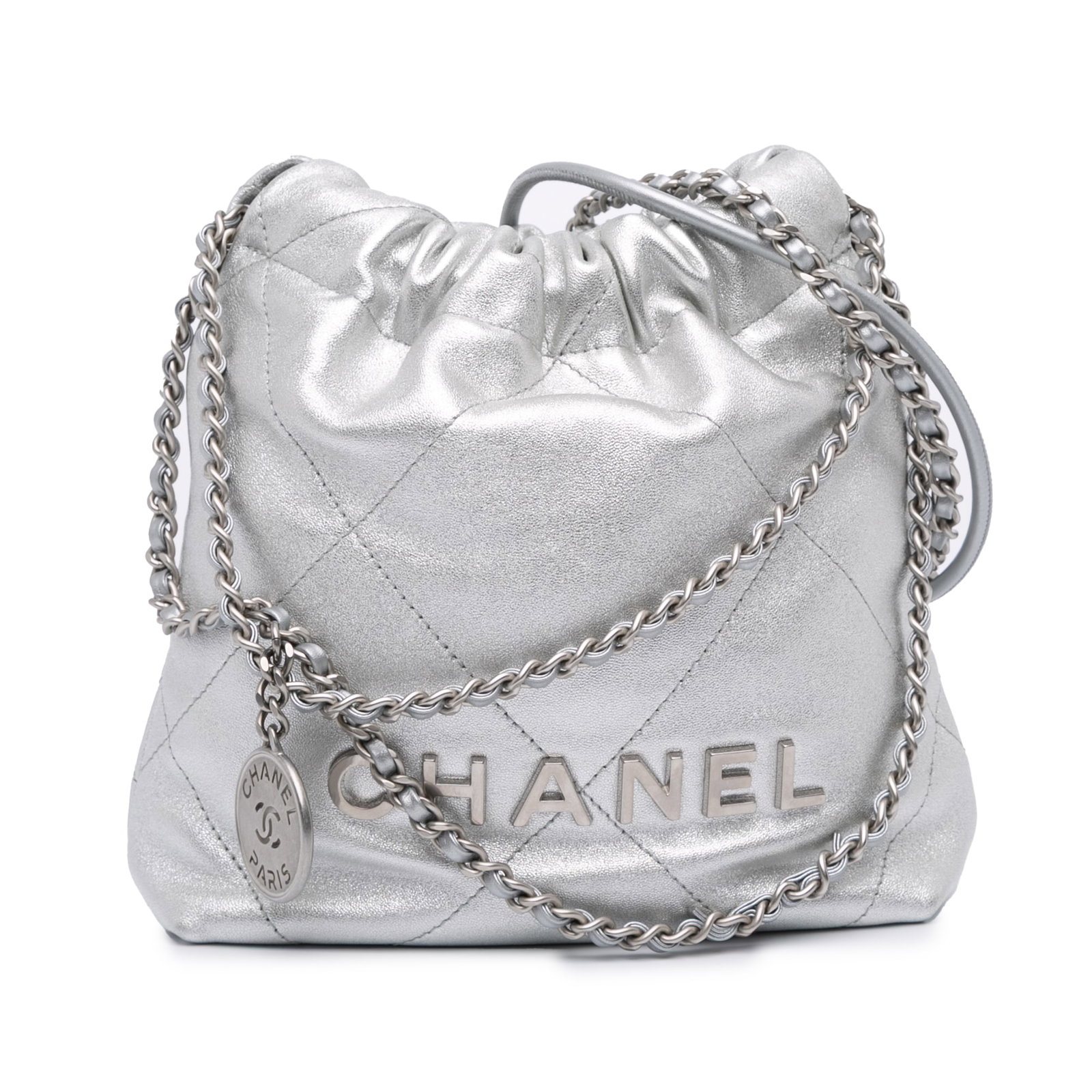 Chanel Mini Metallic Calfskin 22 Silver Satchel with Leather Handle: Chanel Mini Metallic Calfskin 22 Silver Satchel with Leather Handle Introducing the Chanel Mini Metallic Calfskin 22 Satchel, a stunning blend of elegance and functionality. This luxurious bag feature