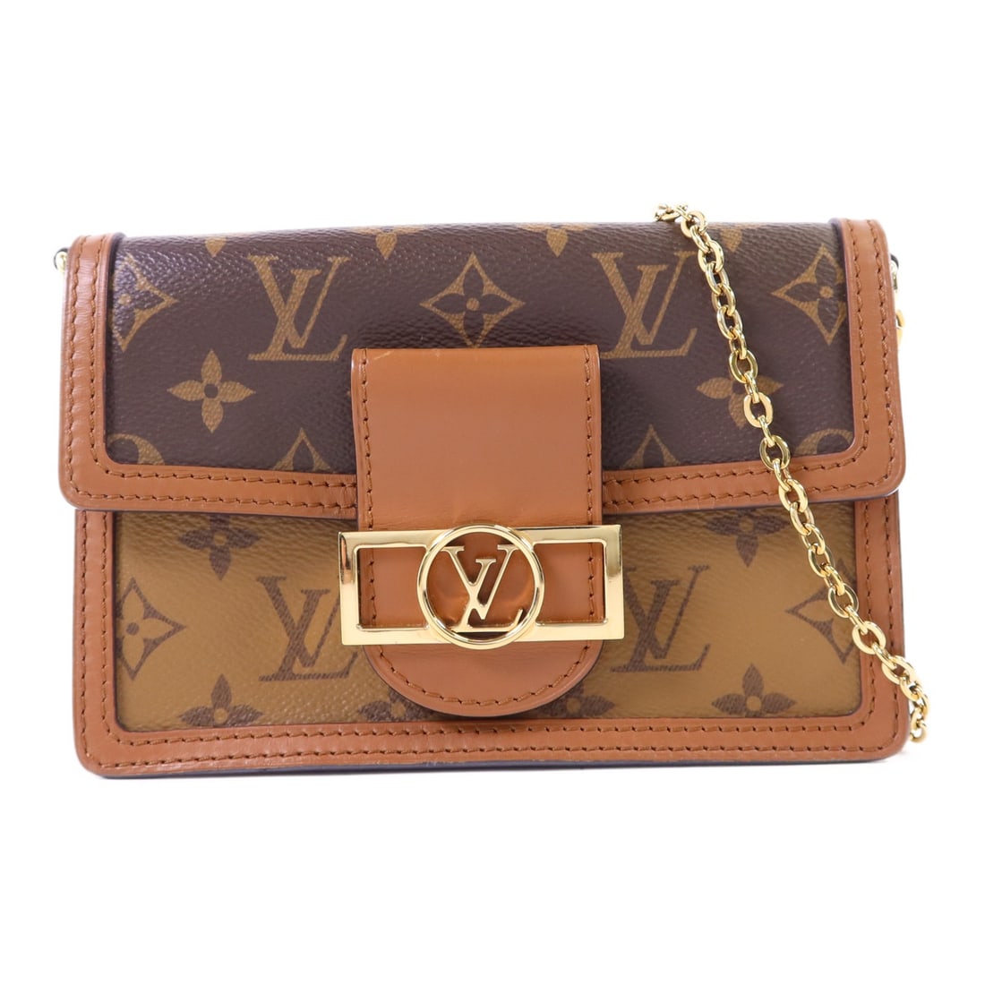 Louis Vuitton Dauphine Monogram Reverse Brown Shoulder Bag M68746 with Chain: Louis Vuitton Dauphine Monogram Reverse Brown Shoulder Bag M68746 with Chain This Louis Vuitton Dauphine chain shoulder bag features the iconic Monogram Reverse design in a brown colorway. Crafted fro