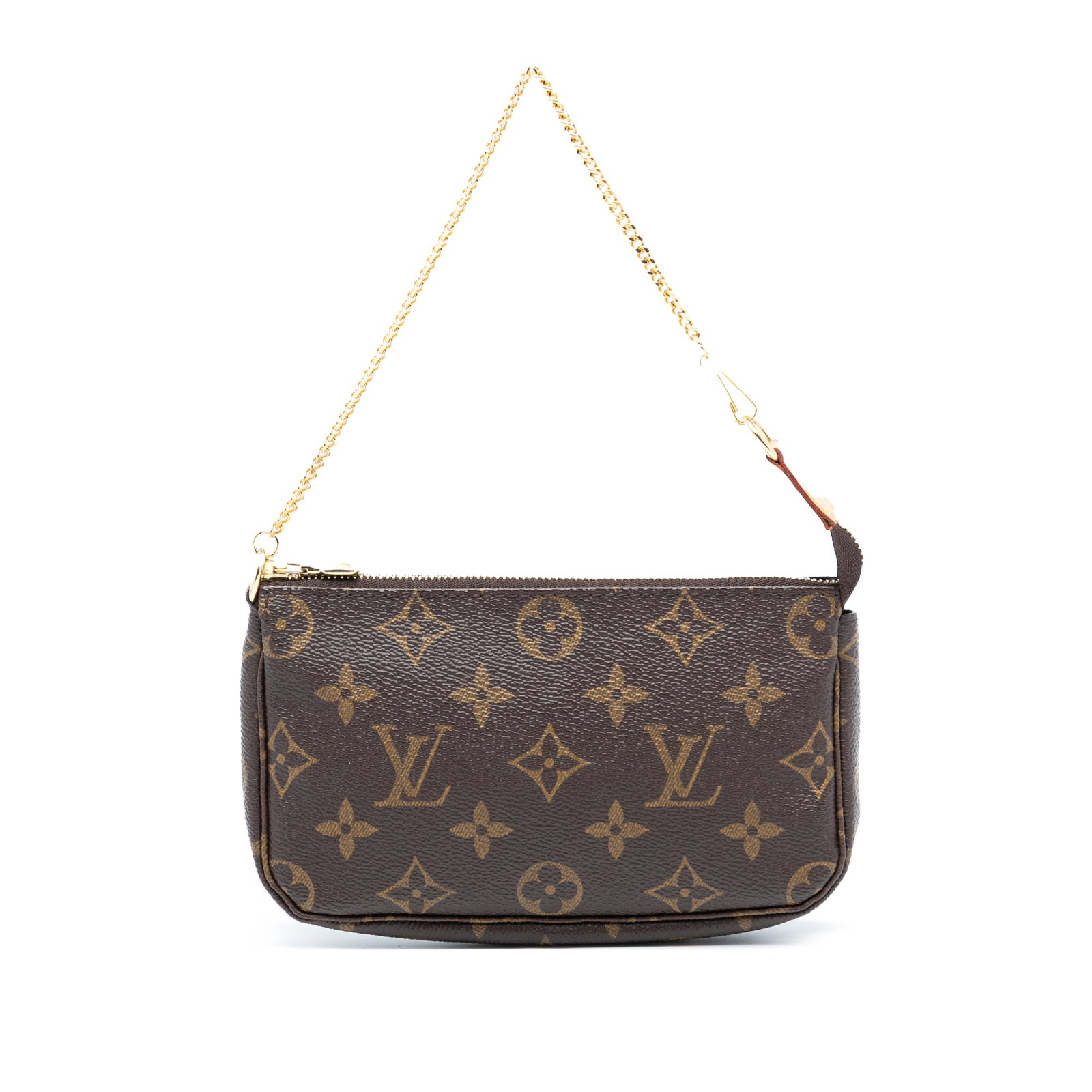 Louis Vuitton Mini Monogram Canvas Pouch with Chain Handle: Louis Vuitton Mini Monogram Canvas Pouch with Chain Handle This Louis Vuitton Mini Pochette Accessoires features the iconic monogram canvas, a chain link handle, and a secure top zip closure. The bag