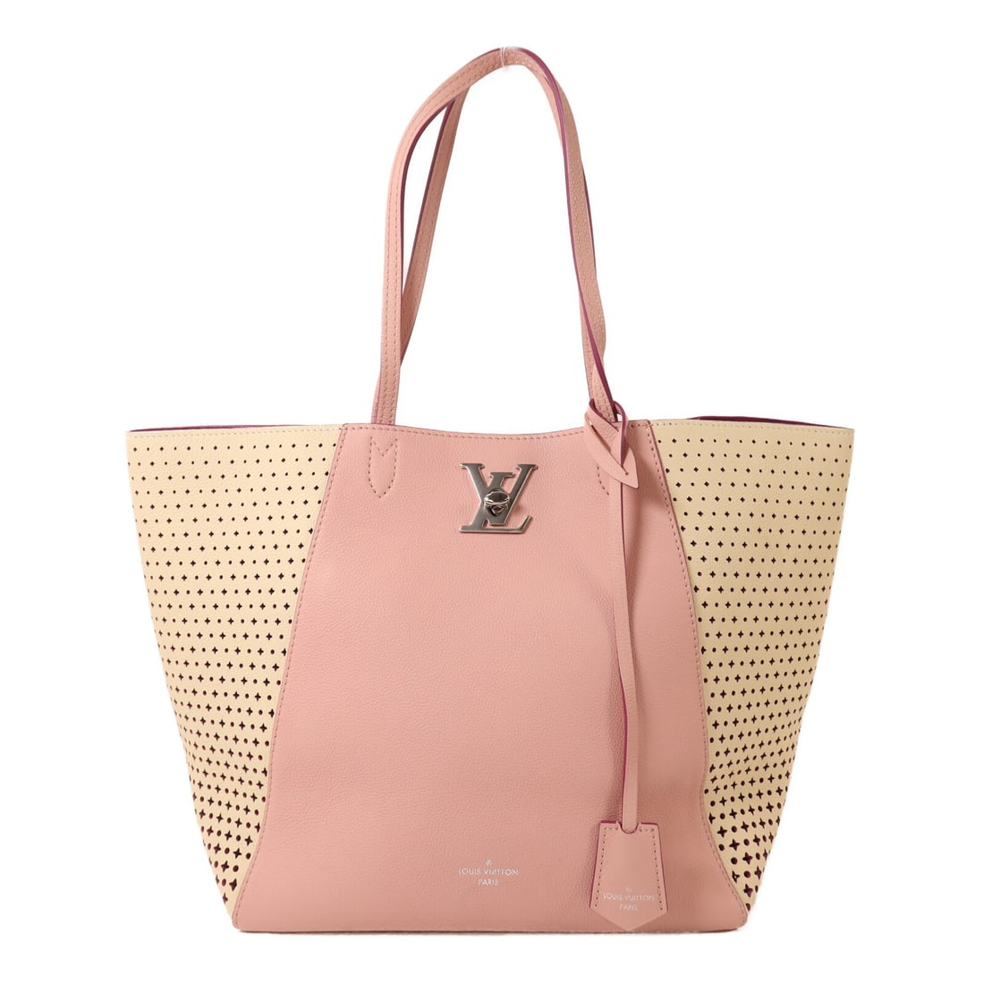 Louis Vuitton Rockme Cabas Pink Calfskin Tote with Silver Hardware: Louis Vuitton Rockme Cabas Pink Calfskin Tote with Silver Hardware This Louis Vuitton Rockme Cabas tote bag features a stylish pink and white design crafted from calfskin leather. Designed for women,