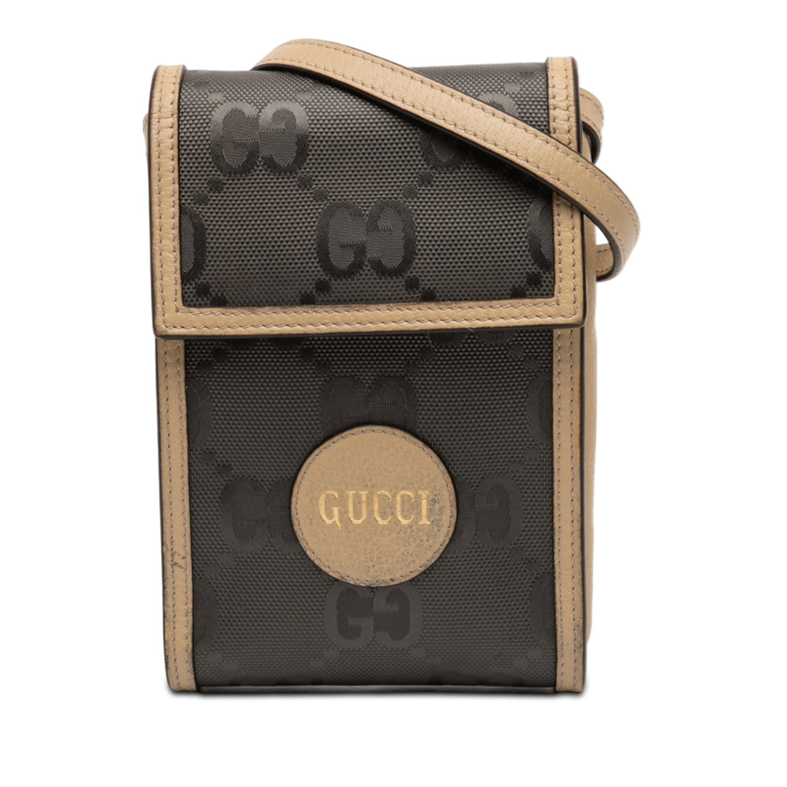 Gucci Off The Grid Mini GG Econyl Gray Crossbody Bag with Card Slots: Gucci Off The Grid Mini GG Econyl Gray Crossbody Bag with Card Slots This Gucci Off The Grid Mini GG Econyl crossbody bag features a nylon body with leather trim, a flat leather shoulder strap, a flap