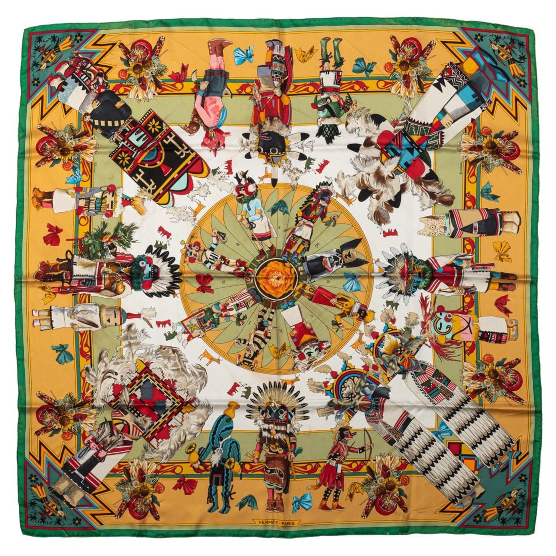 Hermes Kachinas Silk Scarf by Kermit Oliver Mustard 35 in (1 of 5)