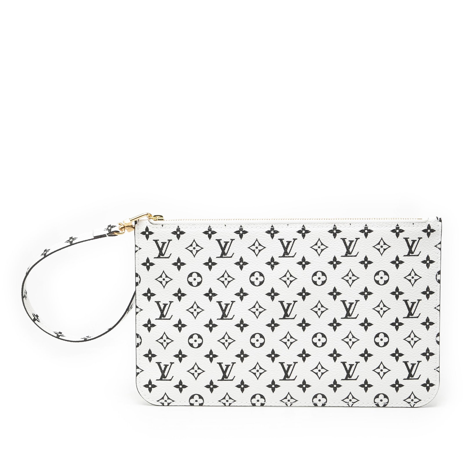 White Bicolor Monogram Canvas Pouch with Wrist Strap by Louis Vuitton: White Bicolor Monogram Canvas Pouch with Wrist Strap by Louis Vuitton This Louis Vuitton Bicolor Monogram Giant Neverfull MM Pouch features a monogram canvas body in white, a detachable flat wrist str
