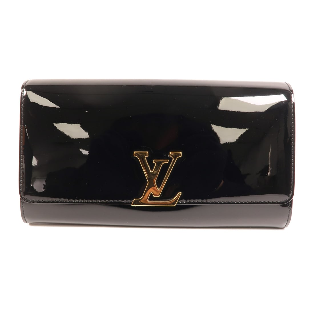 Black Monogram Vernis Louise EW Pouch with Gold Hardware by Louis Vuitton: Black Monogram Vernis Louise EW Pouch with Gold Hardware by Louis Vuitton This Louis Vuitton Louise EW Pouch features black Monogram Vernis patent leather, designed for unisex use. It is equipped with
