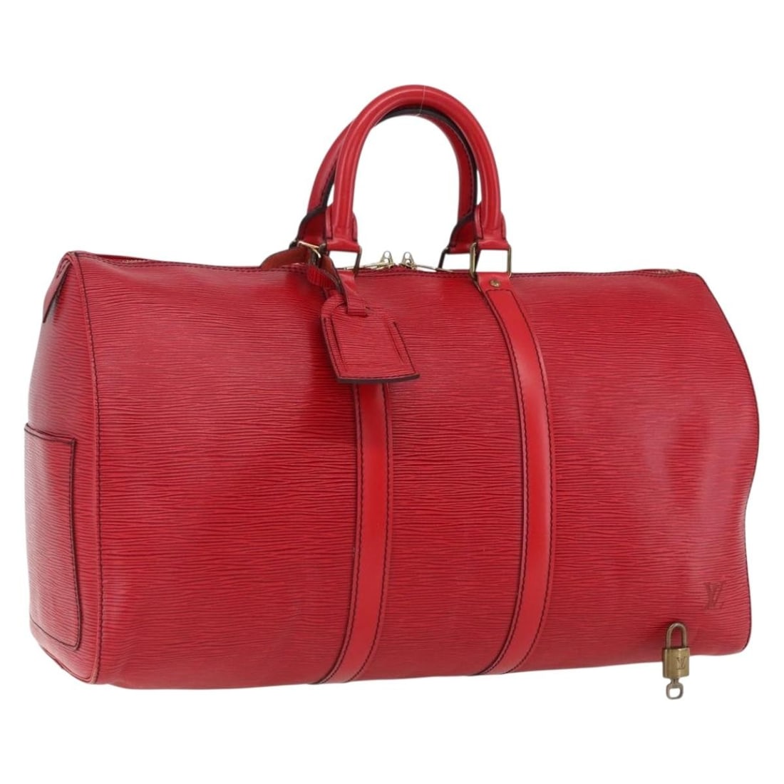 Louis Vuitton Epi Leather Keepall 45 Red Boston Bag M42977 with Padlock: Louis Vuitton Epi Leather Keepall 45 Red Boston Bag M42977 with Padlock This Louis Vuitton Epi Keepall 45 Boston Bag features a striking red Epi leather exterior with a spacious interior, making it id