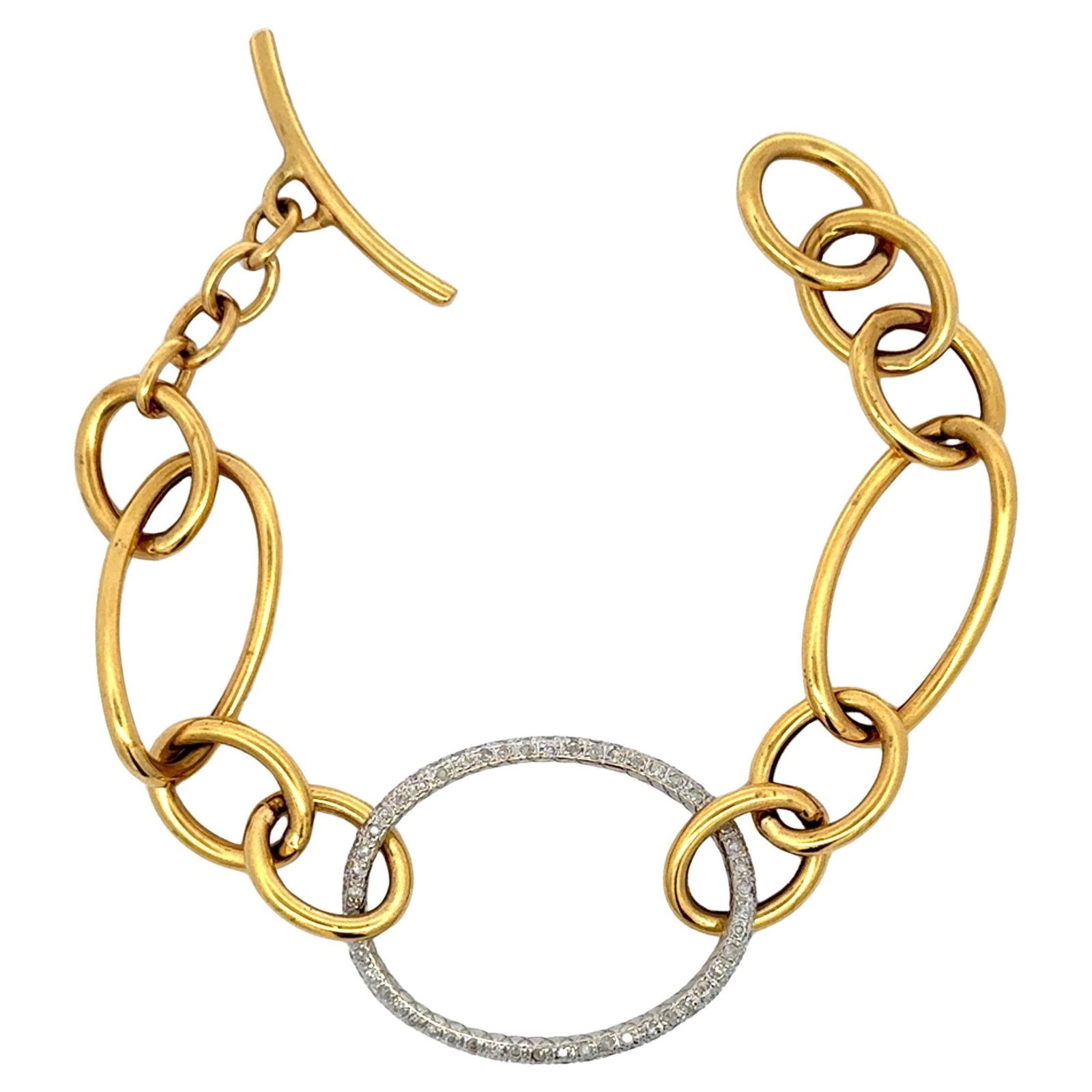 Harbor Diamonds 18K Yellow Gold Diamond Oval Link Bracelet 8in: Harbor Diamonds 18K Yellow Gold Diamond Oval Link Bracelet 8in This elegant bracelet is crafted from 18k yellow gold and features a stunning diamond center oval link. The design showcases an alternati