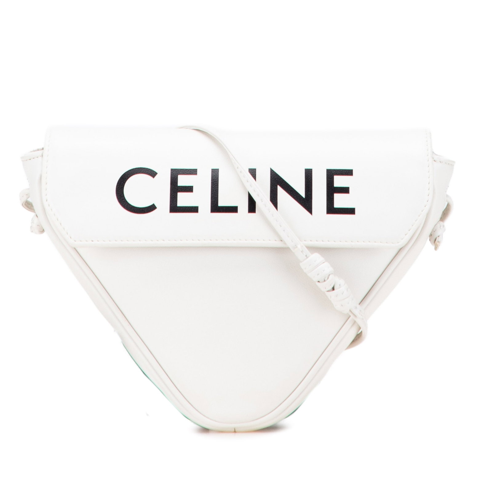 Celine Smooth Calfskin Logo Triangle Crossbody Bag White Italy: Celine Smooth Calfskin Logo Triangle Crossbody Bag White Italy Introducing the Celine Smooth Calfskin Logo Triangle Crossbody, a stylish and functional accessory crafted from premium leather. This ele
