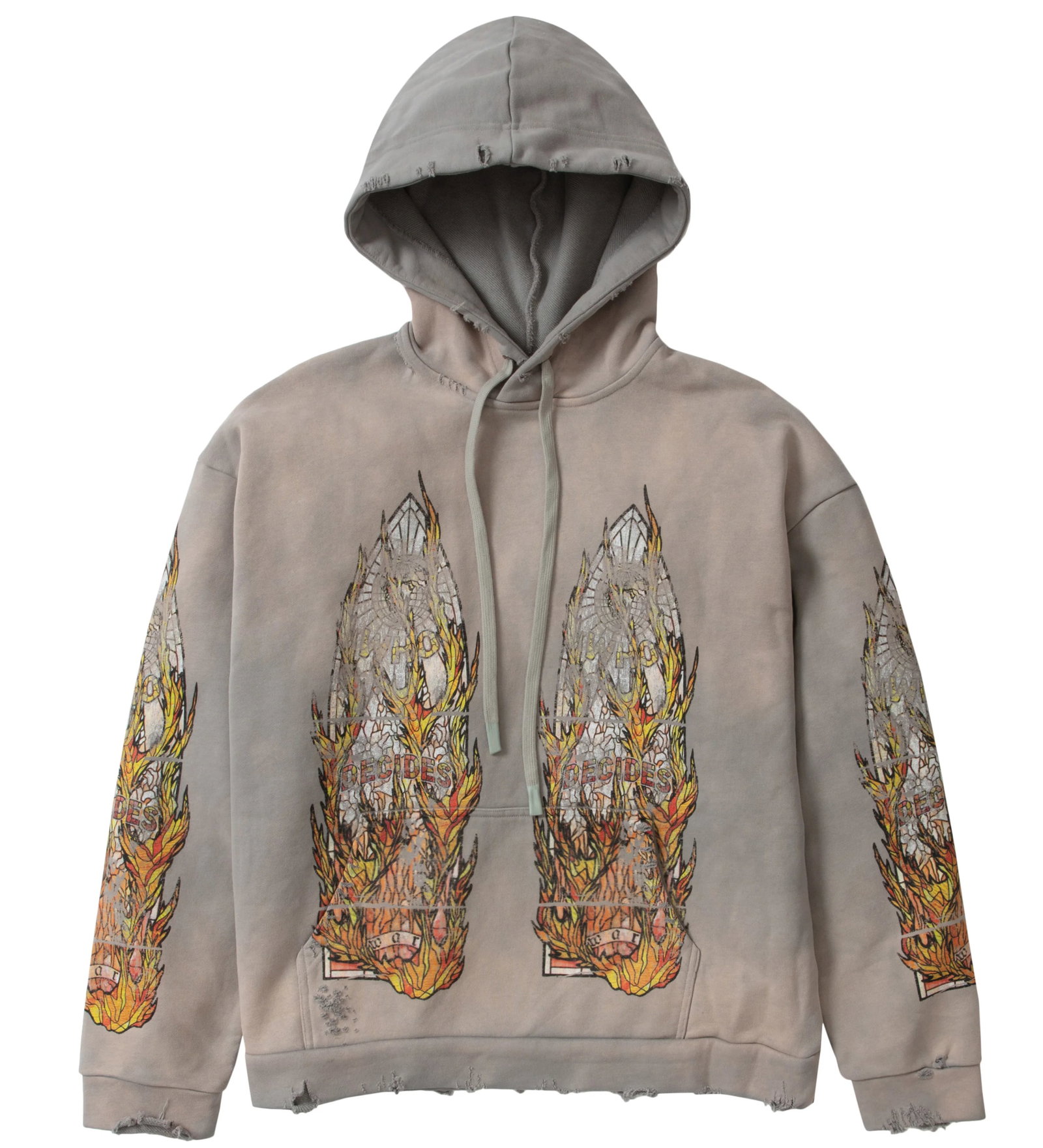 Distressed Washed Grey Hoodie with Flame Glass Motif by Who Decides War (1 of 1)