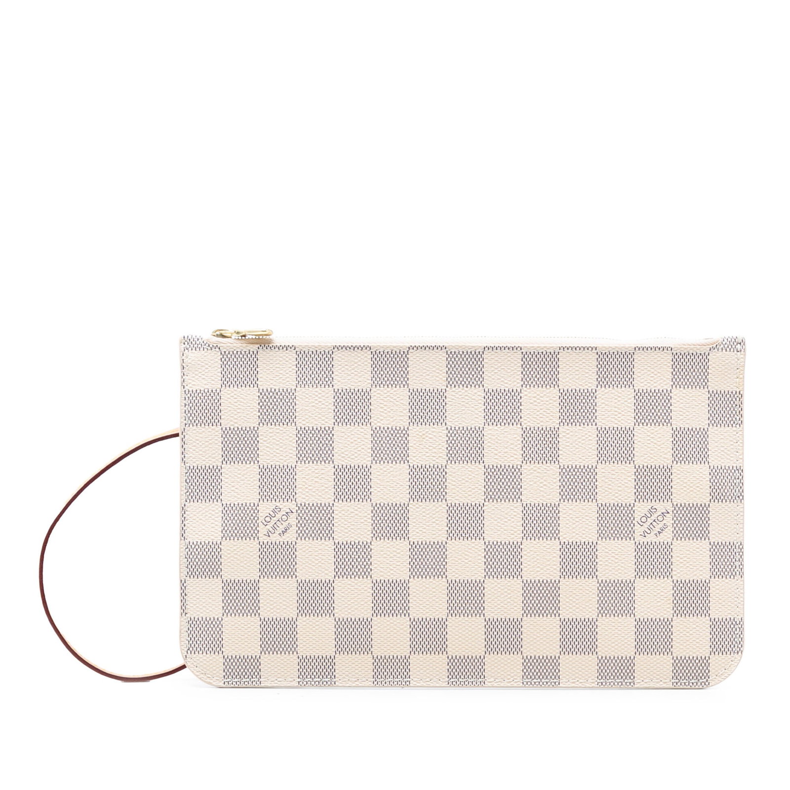 Louis Vuitton Neverfull MM Damier Azur Canvas Wristlet Clutch: Louis Vuitton Neverfull MM Damier Azur Canvas Wristlet Clutch This Louis Vuitton Damier Azur Neverfull MM Pouch features a damier canvas exterior in a white colorway, with a flat leather wrist strap a