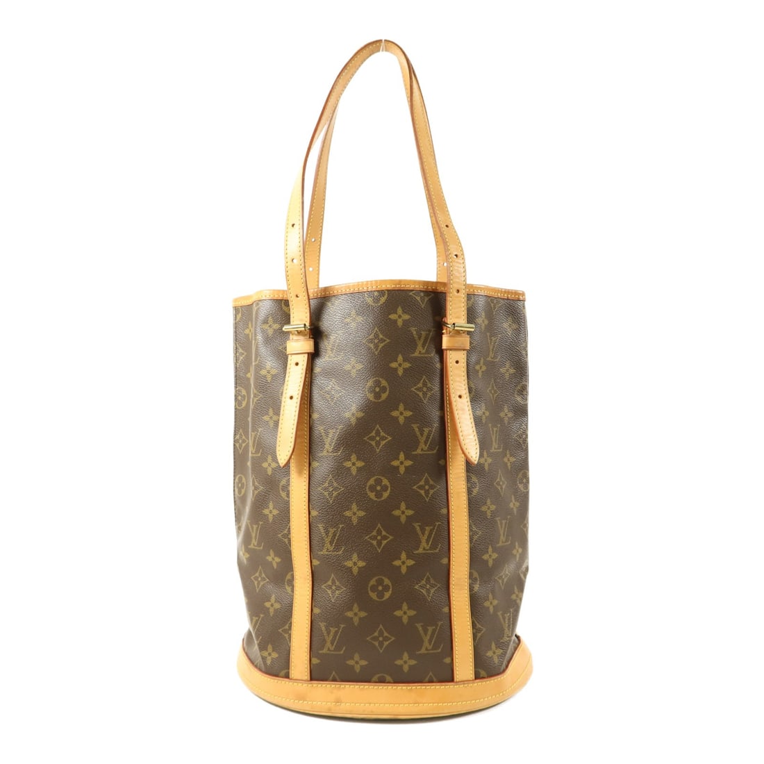 Louis Vuitton Monogram Bucket GM Tote Bag with Gold Hardware: Louis Vuitton Monogram Bucket GM Tote Bag with Gold Hardware This Louis Vuitton Bucket GM shoulder bag features the classic LV monogram pattern in brown PVC coated canvas. Designed as a tote bag, it i