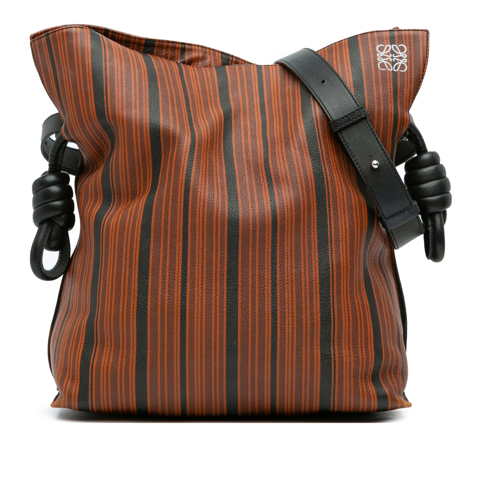 LOEWE Medium Striped Leather Flamenco Knot Tote Bag Spain: LOEWE Medium Striped Leather Flamenco Knot Tote Bag Spain Introducing the LOEWE Medium Striped Leather Flamenco Knot Tote, a stylish and functional bag crafted from premium leather. This tote features