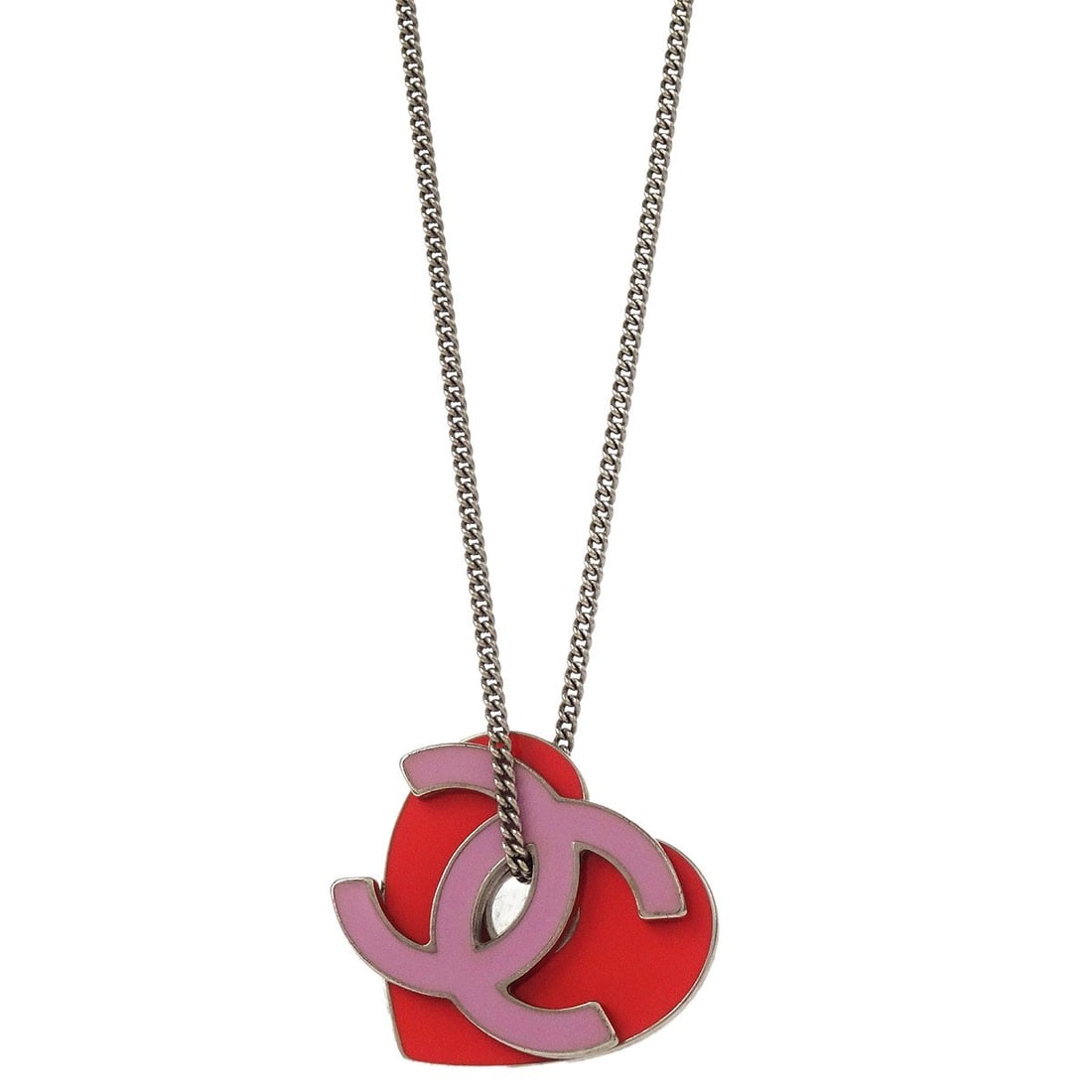 Chanel CC Heart Pendant Necklace Silver Pink Chain: Chanel CC Heart Pendant Necklace Silver Pink Chain This elegant Chanel CC Heart Chain Necklace features a stunning silver pink pendant that adds a touch of sophistication to any outfit. Designed with