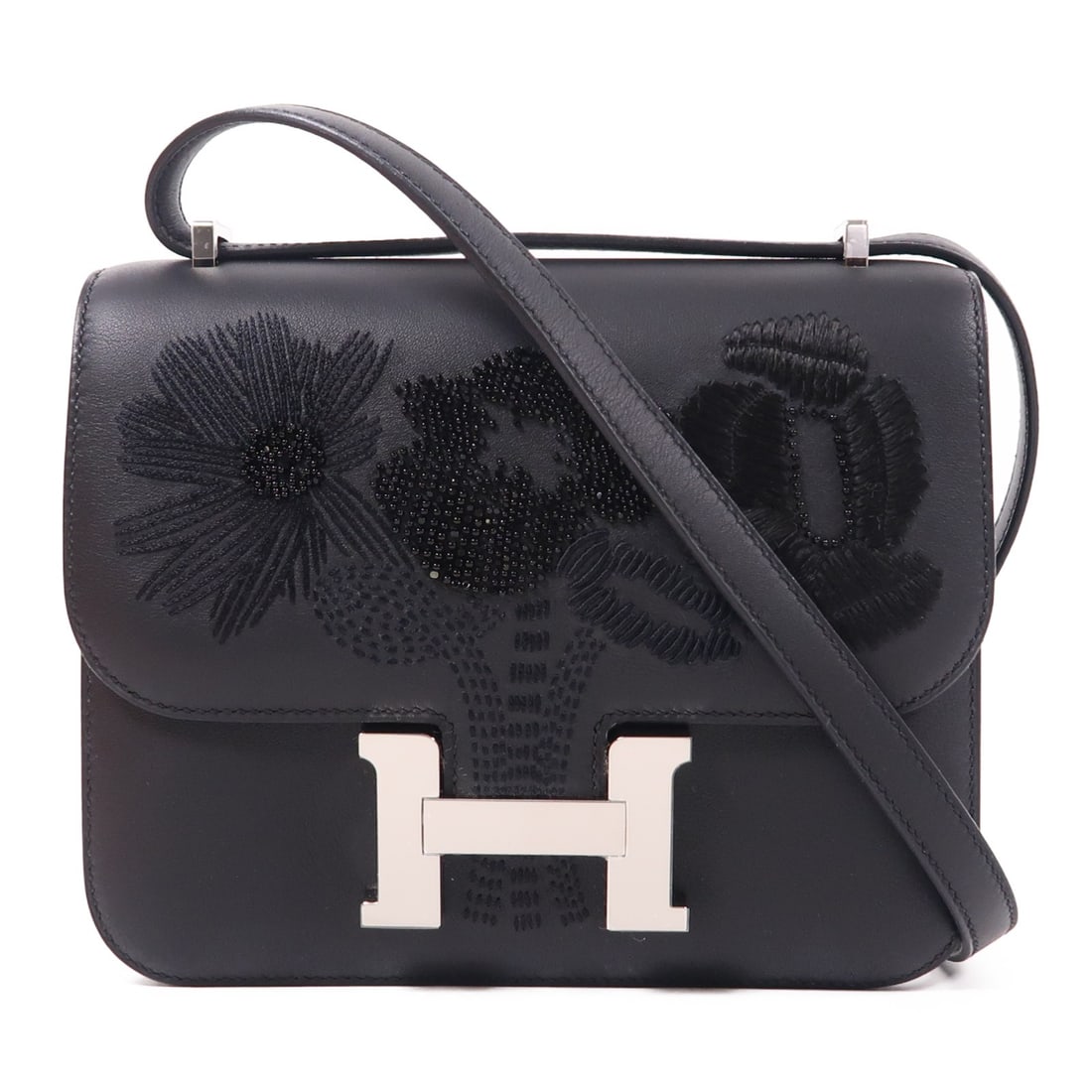 HERMES Dancing Flowers Black Shoulder Bag Swift Leather PHW (1 of 13)