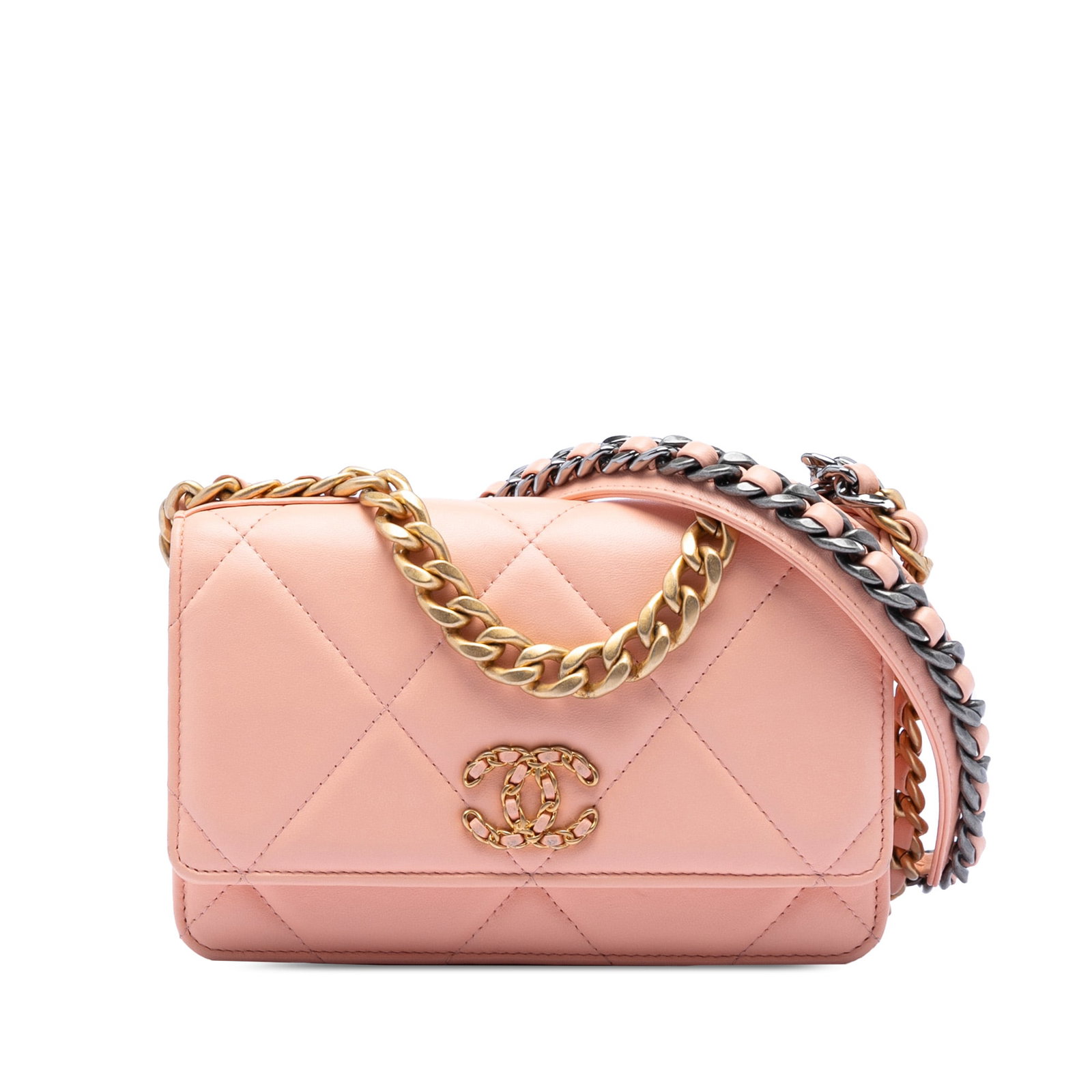 Pink Chanel 19 Quilted Lambskin Wallet on Chain Shoulder Bag: Pink Chanel 19 Quilted Lambskin Wallet on Chain Shoulder Bag This Chanel Quilted Lambskin 19 Wallet on Chain features a pink quilted lambskin leather body, a chain-link handle, and a leather-woven cha