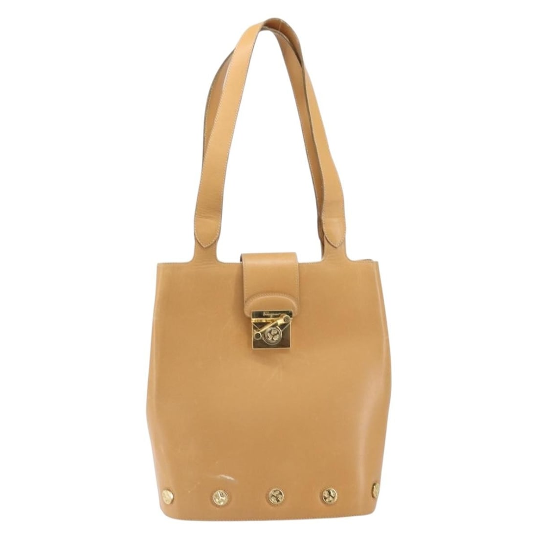 Leather Beige Salvatore Ferragamo Vintage Female Handbag 24cm by 28cm by 12cm: Leather Beige Salvatore Ferragamo Vintage Female Handbag 24cm by 28cm by 12cm This vintage Salvatore Ferragamo handbag is crafted from beige leather with metal fittings. It shows signs of wear includi
