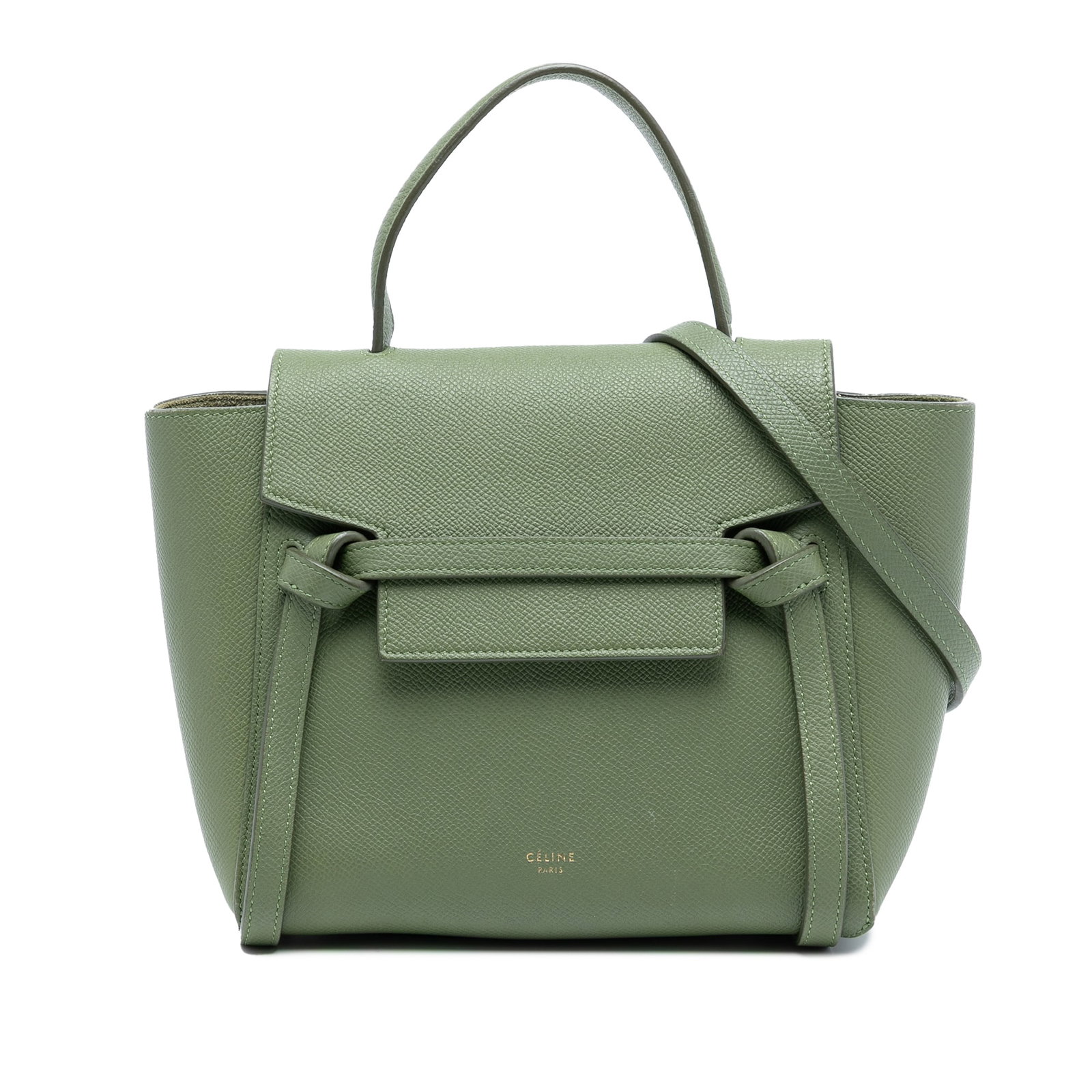 Celine Nano Belt Bag Green Grained Calfskin Leather Handbag Italy: Celine Nano Belt Bag Green Grained Calfskin Leather Handbag Italy This Celine Nano Grained Calfskin Belt Bag features a leather body in green, a flat leather handle, a detachable leather strap, a top