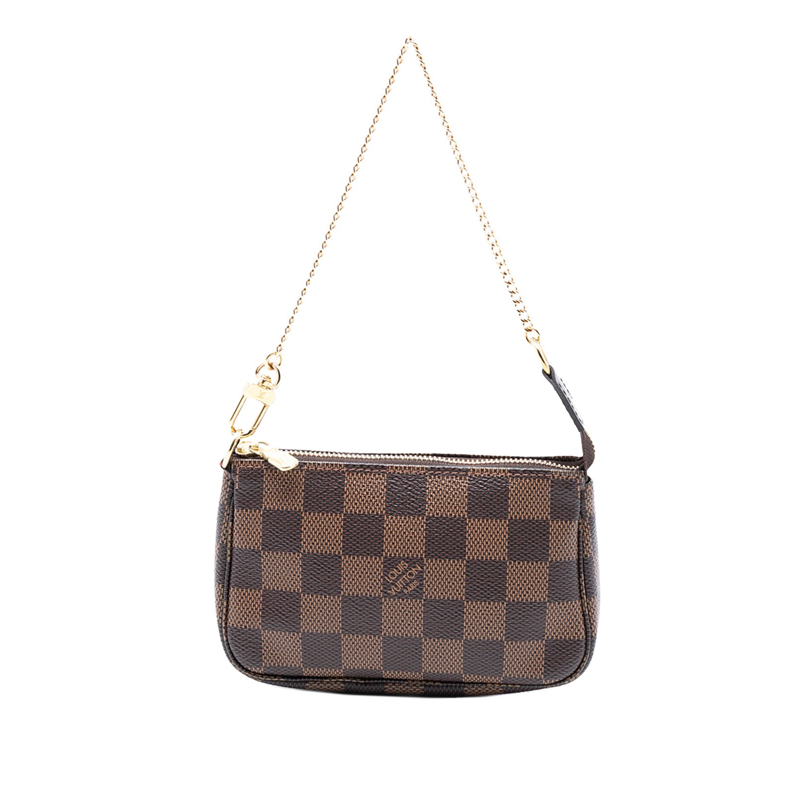 Louis Vuitton Mini Bag Damier Ebene Canvas with Gold Chain Strap: Louis Vuitton Mini Bag Damier Ebene Canvas with Gold Chain Strap The Louis Vuitton Damier Ebene Mini Pochette Accessoires is crafted from signature Damier canvas and features a gold-tone chain link st