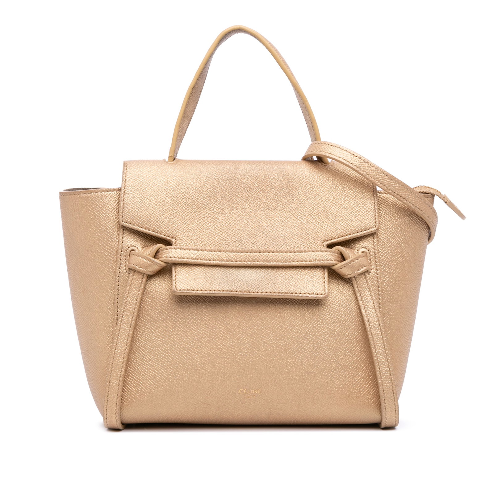 Celine Nano Grained Calfskin Belt Bag Gold Leather Made in Italy: Celine Nano Grained Calfskin Belt Bag Gold Leather Made in Italy This Celine Nano Grained Calfskin Belt Bag showcases a luxurious leather construction. It features a flat leather handle and a detachab