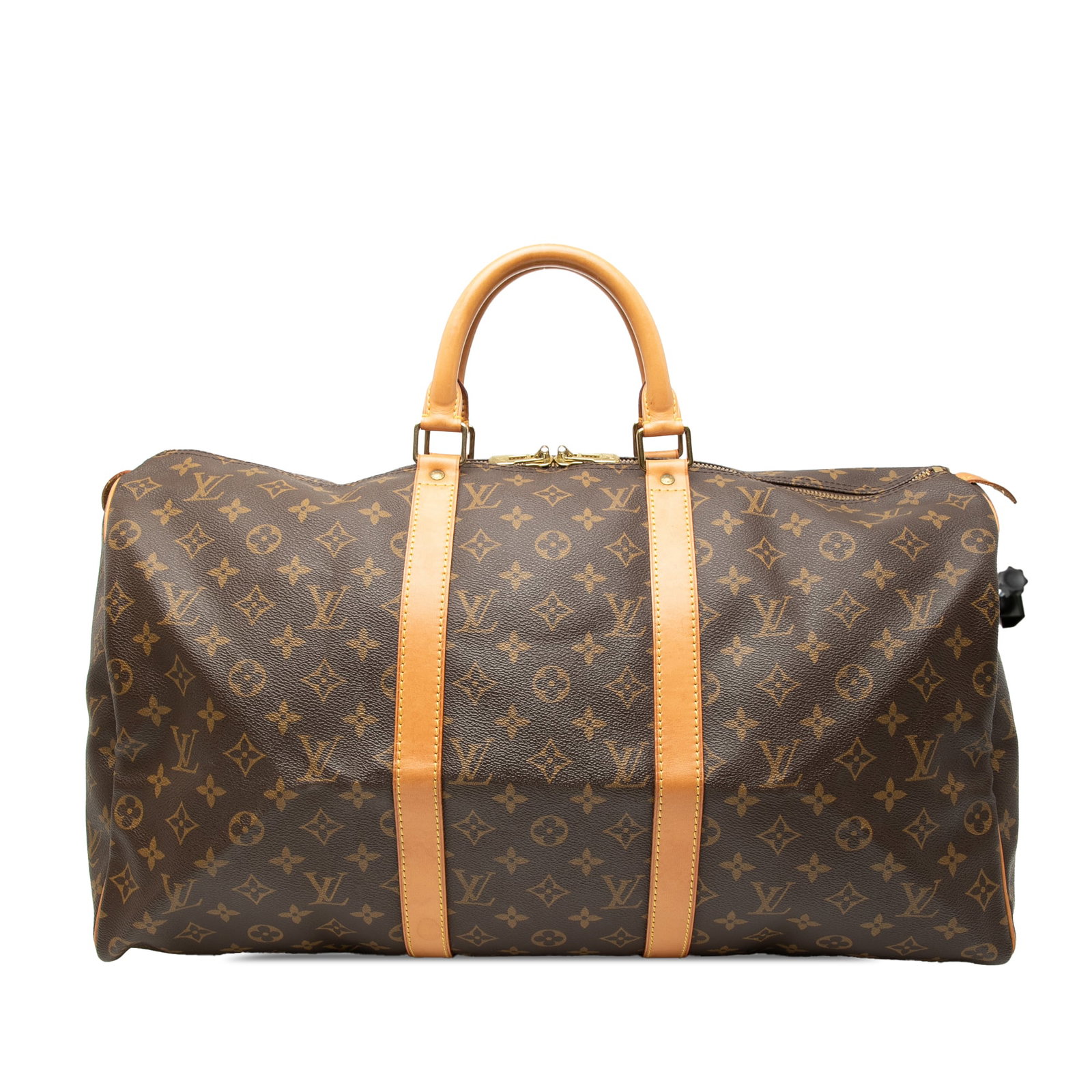 Louis Vuitton Keepall 50 Travel Bag with Monogram Canvas and Leather Trim: Louis Vuitton Keepall 50 Travel Bag with Monogram Canvas and Leather Trim This Louis Vuitton Monogram Keepall 50 is crafted from signature monogram canvas with vachetta leather trim and rolled vachett