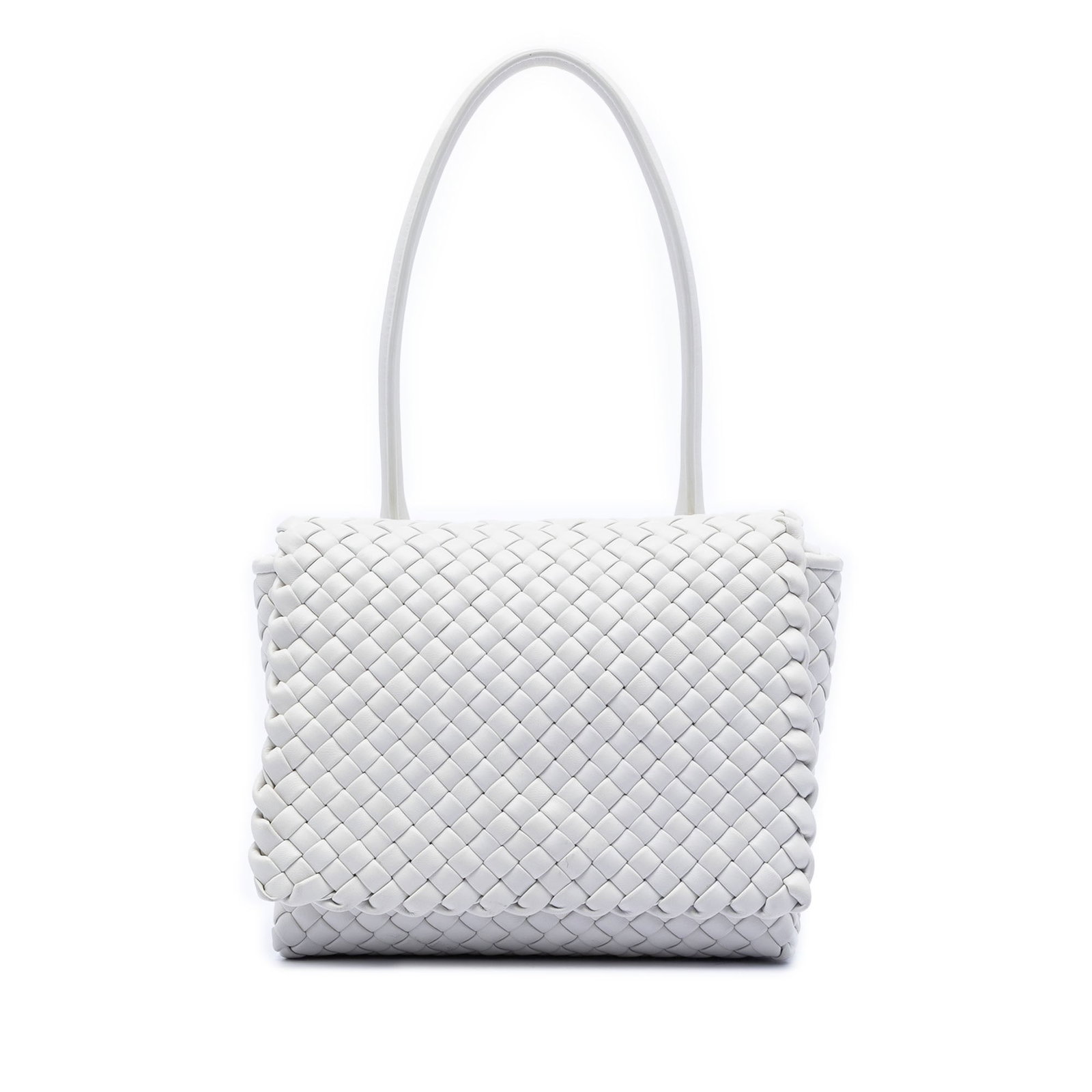 Bottega Veneta Patti Woven Leather White Shoulder Bag: Bottega Veneta Patti Woven Leather White Shoulder Bag This Bottega Veneta Nappa Intrecciato Patti shoulder bag features a woven leather exterior and a rolled leather strap. It is designed with a front