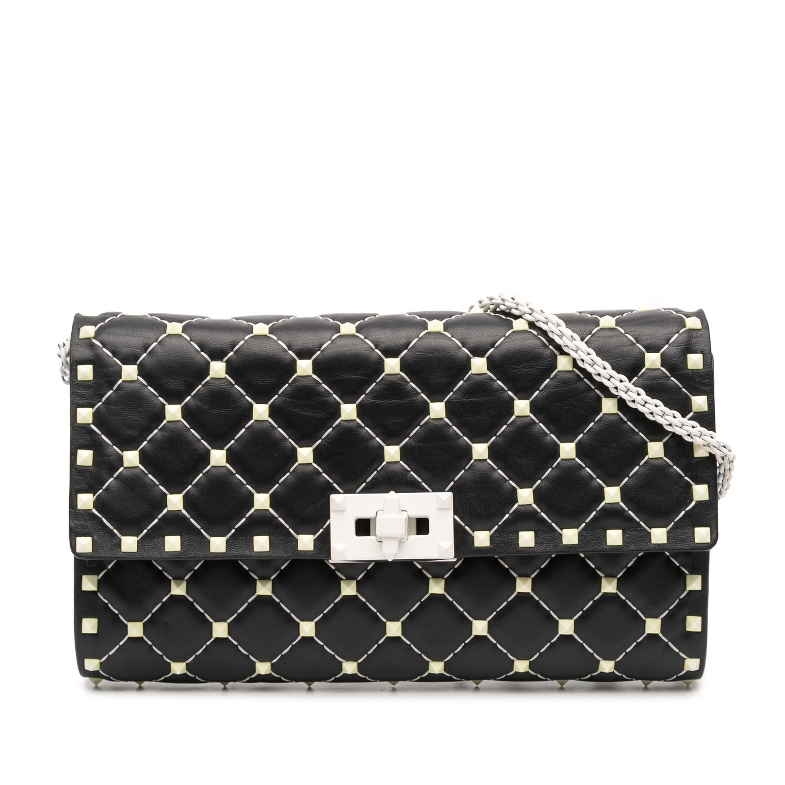 Valentino Rockstud Spike Quilted Lambskin Chain Wallet Crossbody Bag Black: Valentino Rockstud Spike Quilted Lambskin Chain Wallet Crossbody Bag Black This Valentino crossbody bag features a studded lambskin leather body with quilted detailing, a chain-link strap, and a front
