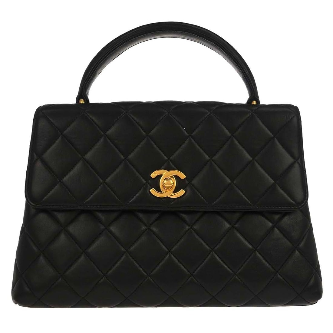Chanel Medium Black Leather Top Handle Bag with Turn Lock: Chanel Medium Black Leather Top Handle Bag with Turn Lock This Chanel top handle handbag is crafted from black lambskin leather and features a classic turn lock closure. The bag has a medium size with