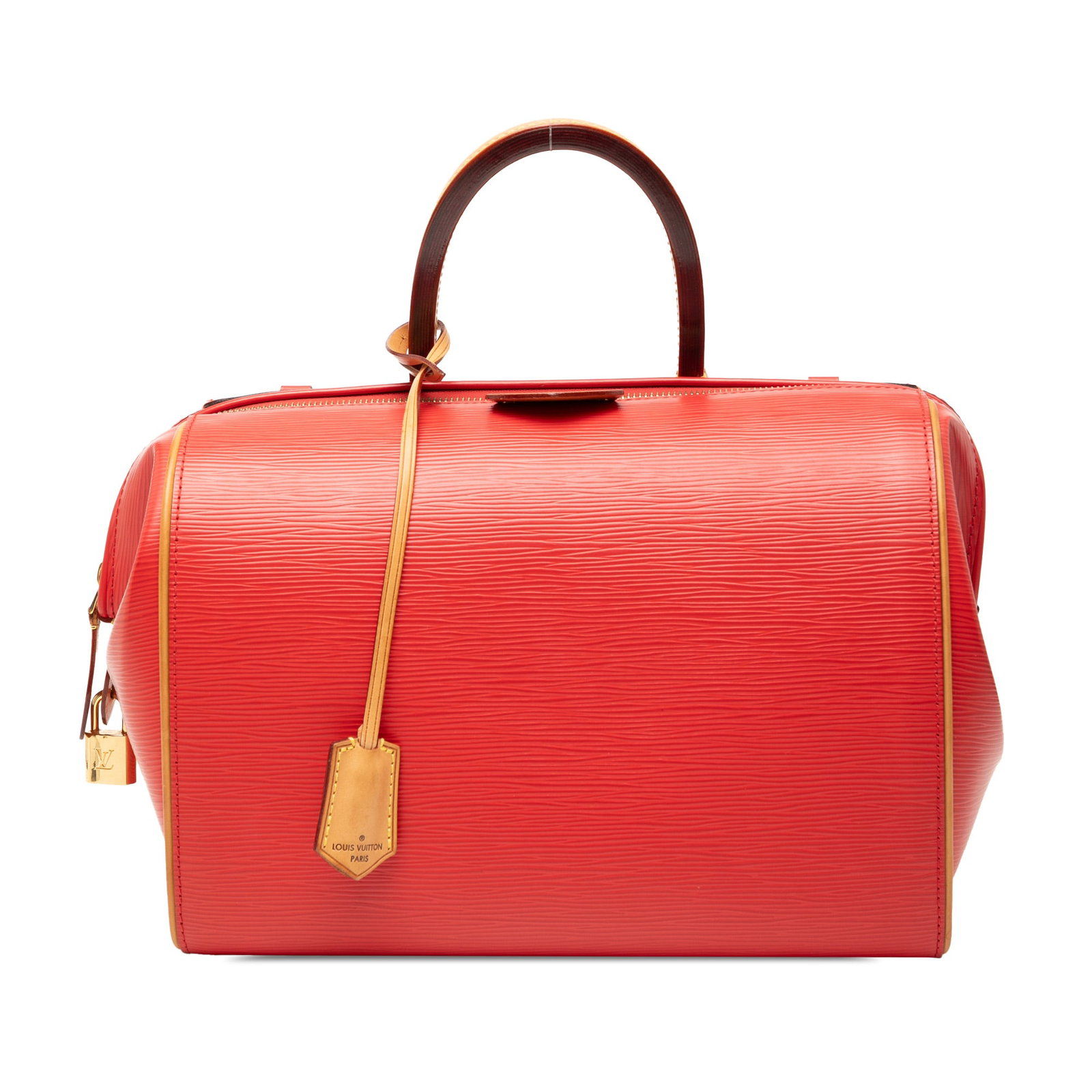 Epi Doc BB red leather handbag by Louis Vuitton with rolled handles and zip top: Epi Doc BB red leather handbag by Louis Vuitton with rolled handles and zip top This Louis Vuitton Epi Doc BB bag features a structured silhouette crafted from durable epi leather in red. It is design