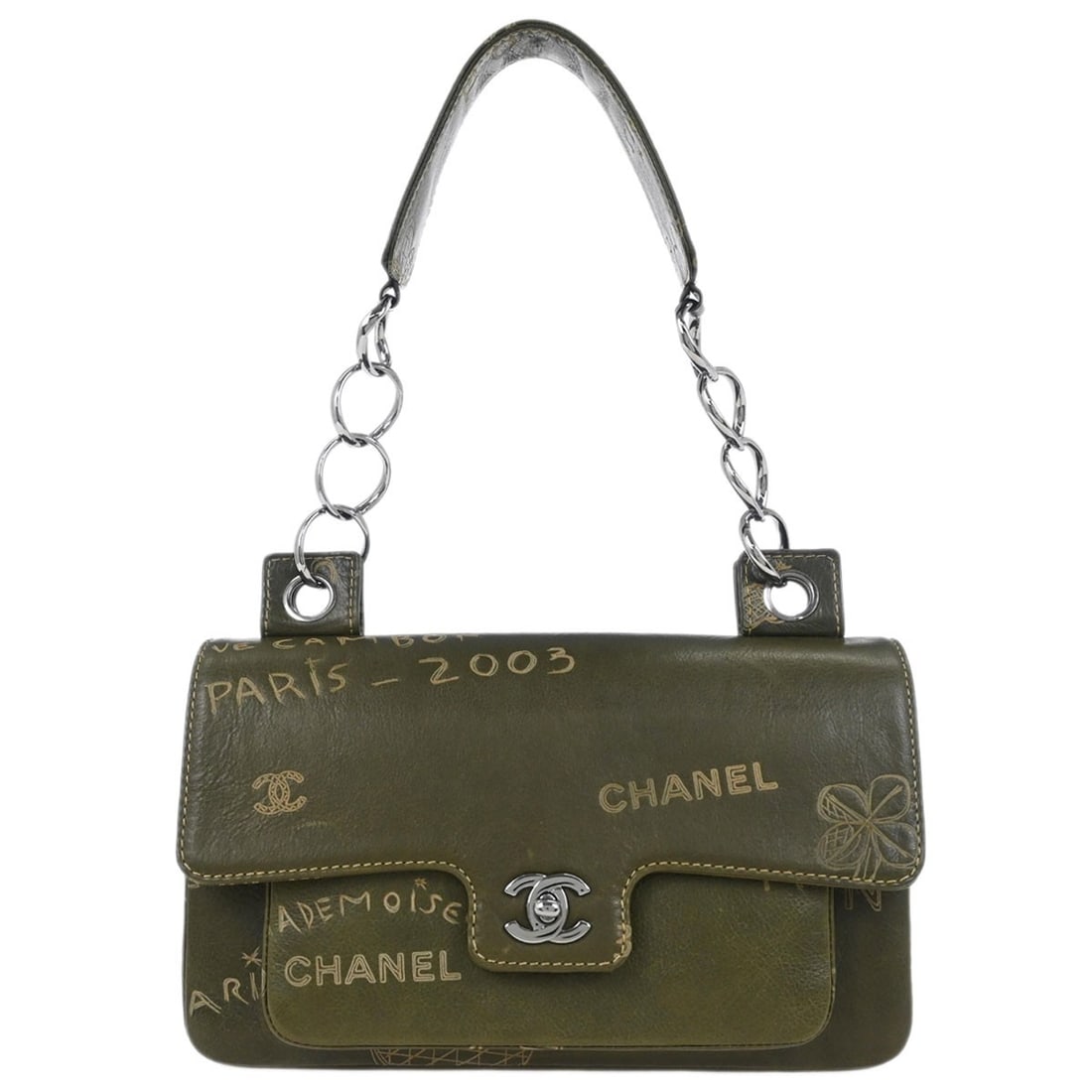 Green Lambskin Top Handle Bag with Silver Hardware by Chanel: Green Lambskin Top Handle Bag with Silver Hardware by Chanel This Chanel handbag features green lambskin leather with a top handle design and a silver-tone turn lock closure. The medium-sized bag incl