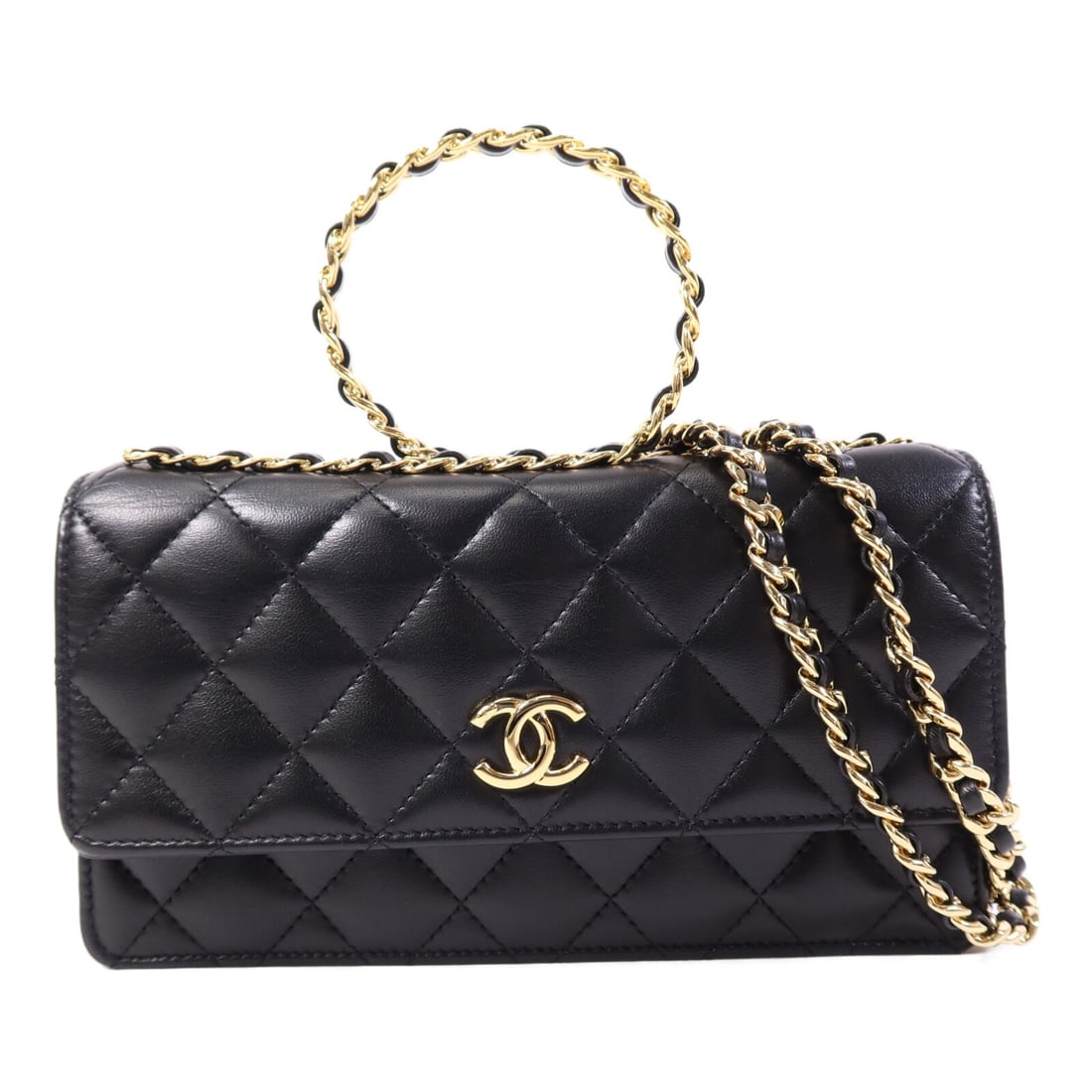 Black Lambskin CHANEL Wallet on Chain Shoulder Bag with Gold Hardware: Black Lambskin CHANEL Wallet on Chain Shoulder Bag with Gold Hardware This CHANEL Wallet On Chain (WOC) bag features a versatile 2-way shoulder and handle design. Crafted from black lambskin (sheep le