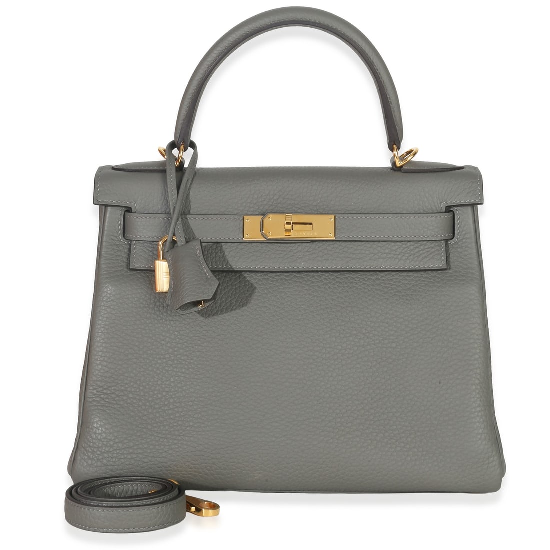 Kelly 28 Shoulder Bag in Gris Meyer Leather with Gold Hardware and Accessories: Kelly 28 Shoulder Bag in Gris Meyer Leather with Gold Hardware and Accessories This Hermes Kelly 28 handbag is crafted from gray Clemence leather and features gold-tone hardware. The bag includes a tu