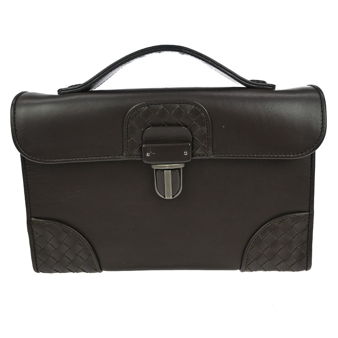 Bottega Veneta Intrecciato Brown Lambskin Top Handle Bag with Double Handles: Bottega Veneta Intrecciato Brown Lambskin Top Handle Bag with Double Handles This Bottega Veneta handbag showcases the renowned Intrecciato pattern, crafted from luxurious brown lambskin leather. The