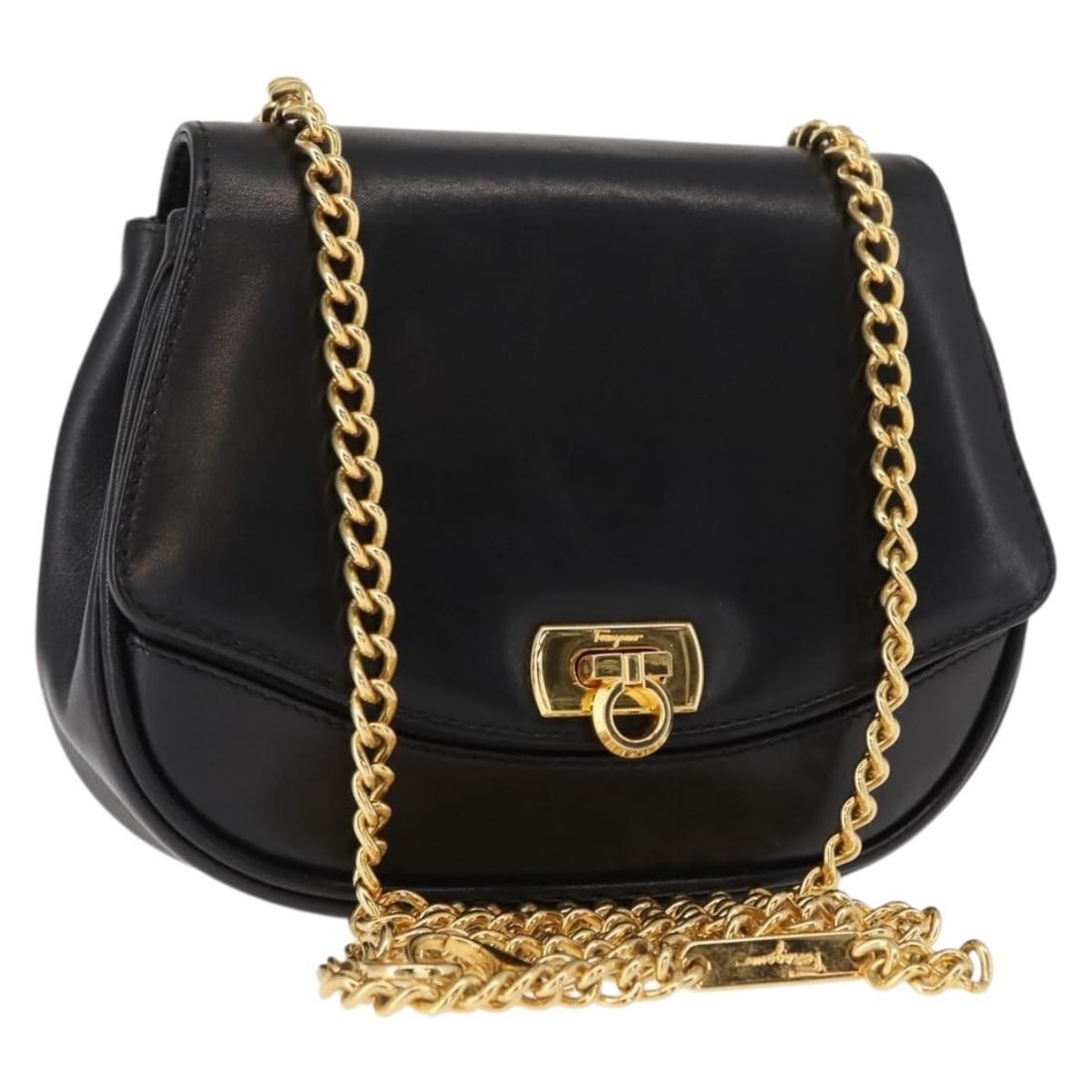 Salvatore Ferragamo Black Gold Leather Gancini Shoulder Bag Auth 152138 (1 of 18)