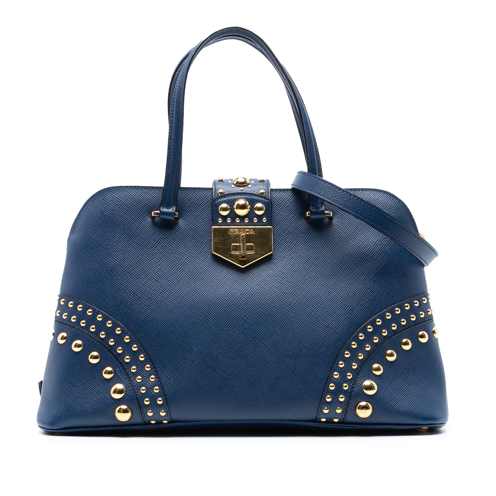 Prada Studded Saffiano Cuir Promenade Satchel Blue Italy (1 of 6)