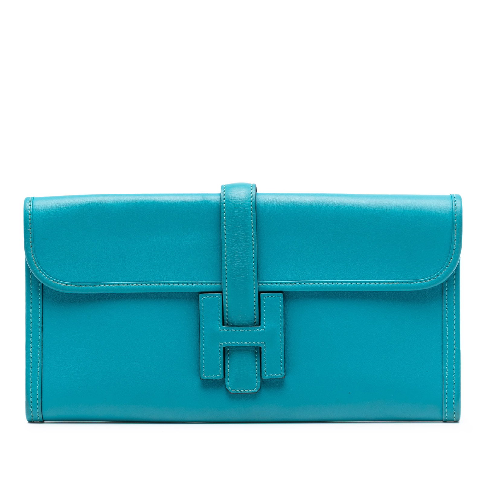 Hermes Jige Elan 29 Turquoise Swift Leather Clutch Bag: Hermes Jige Elan 29 Turquoise Swift Leather Clutch Bag The Hermes Swift Jige Elan 29 is crafted from turquoise Swift leather and features a front flap with a pull-through closure. This elegant clutch