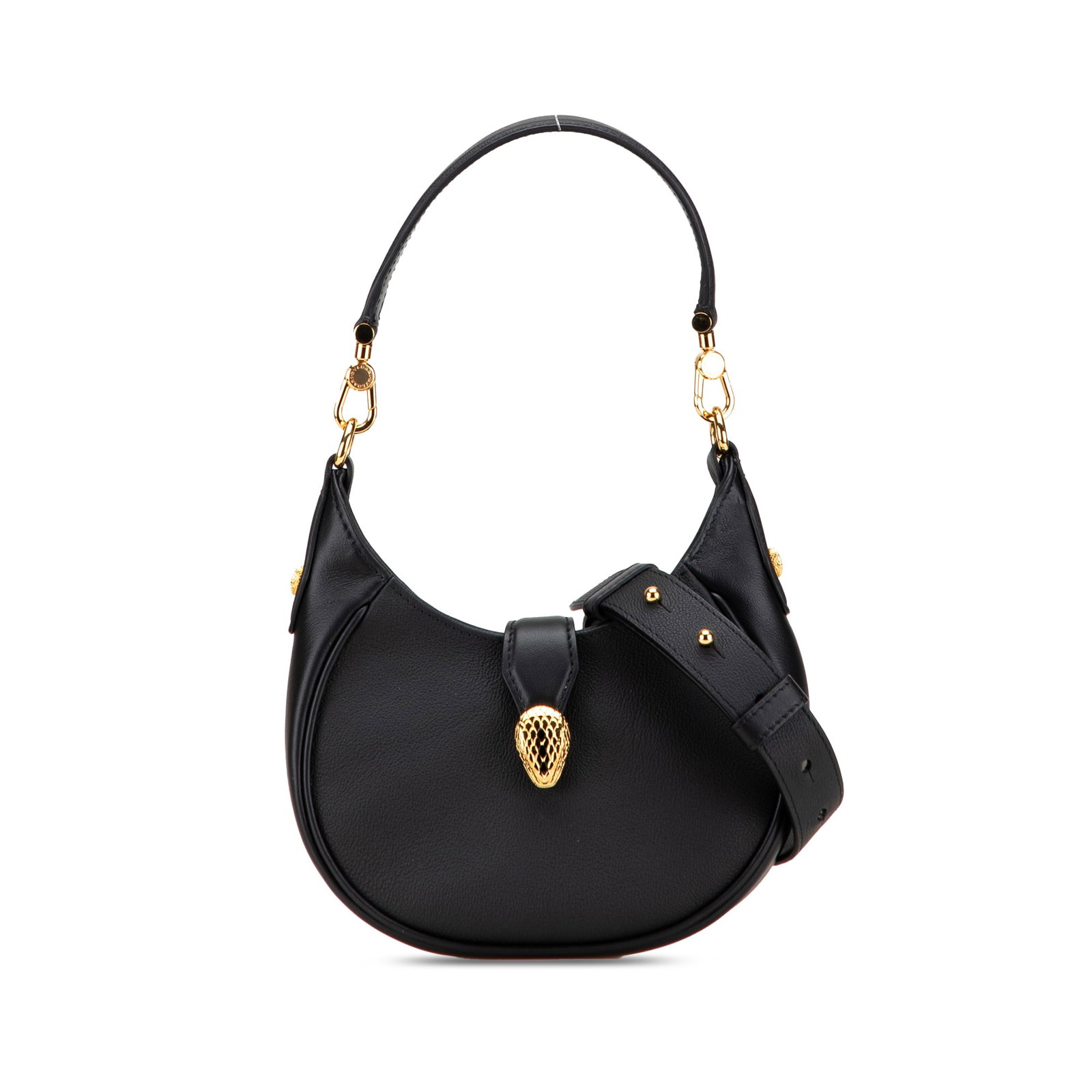 Bvlgari Black Leather Serpenti Ellipse Satchel with Detachable Straps: Bvlgari Black Leather Serpenti Ellipse Satchel with Detachable Straps The Bvlgari Small Leather Serpenti Ellipse Satchel is a stylish and versatile accessory crafted from premium black leather. It fea