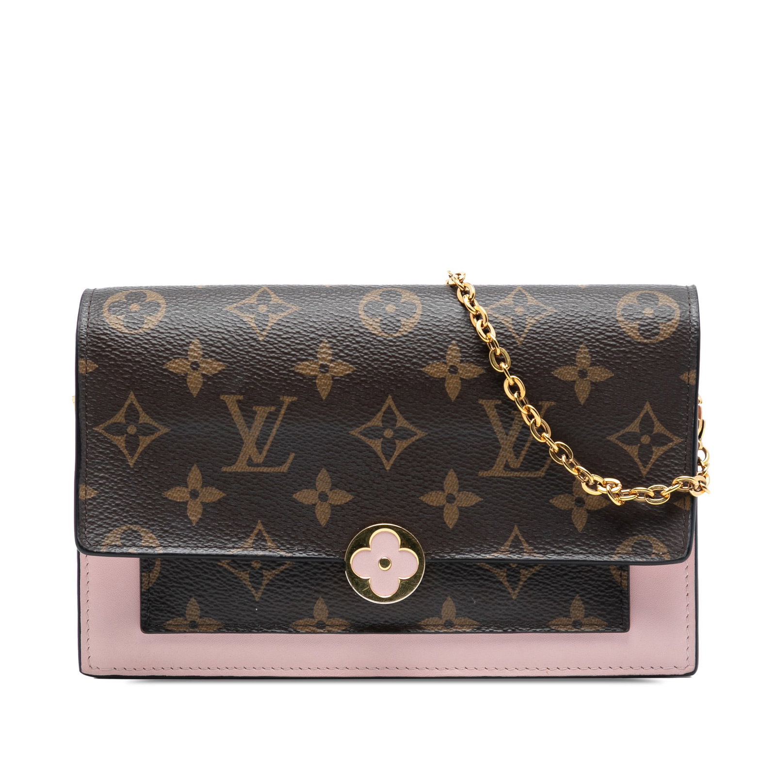 Louis Vuitton Flore Monogram Chain Wallet Crossbody Bag with Calf Leather Trim: Louis Vuitton Flore Monogram Chain Wallet Crossbody Bag with Calf Leather Trim This Louis Vuitton Monogram Flore Wallet On Chain is crafted from signature monogram canvas with calf leather trim. It fe