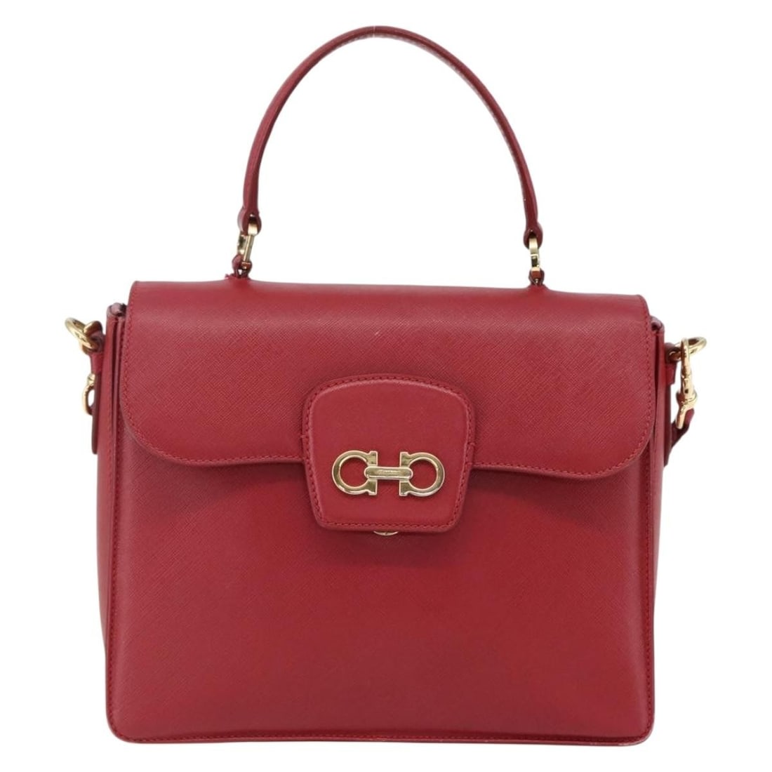 Red Gancini Leather Shoulder Bag by Salvatore Ferragamo: Red Gancini Leather Shoulder Bag by Salvatore Ferragamo This Salvatore Ferragamo Gancini handbag is crafted in red leather and designed for women. It features slight rubbing and scratches on the exter