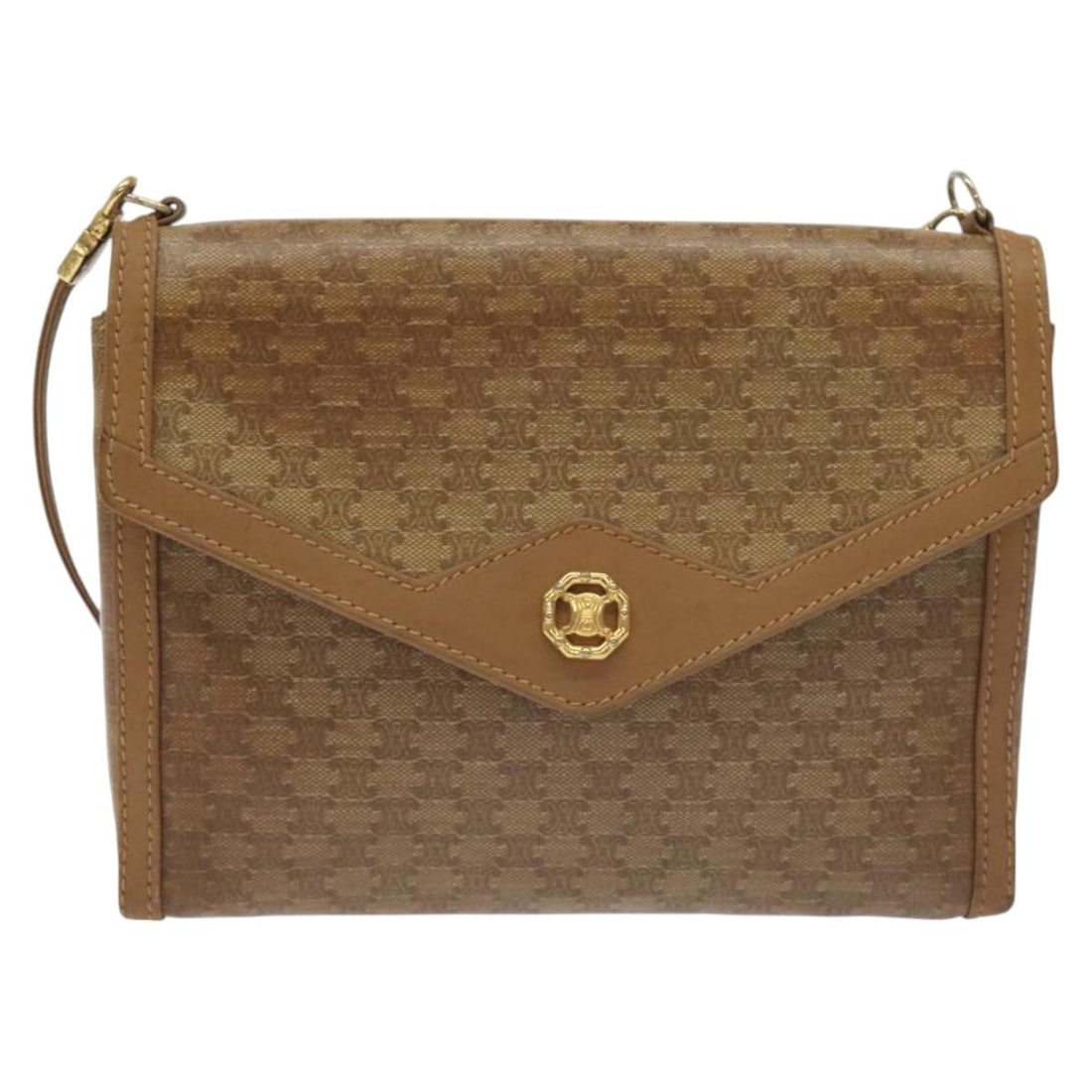 Celine Macadam Brown Canvas Shoulder Bag 21cm by 16cm by 4cm: Celine Macadam Brown Canvas Shoulder Bag 21cm by 16cm by 4cm This Celine Macadam shoulder bag for women is crafted from brown canvas with leather accents. It features a compact design measuring 21cm b