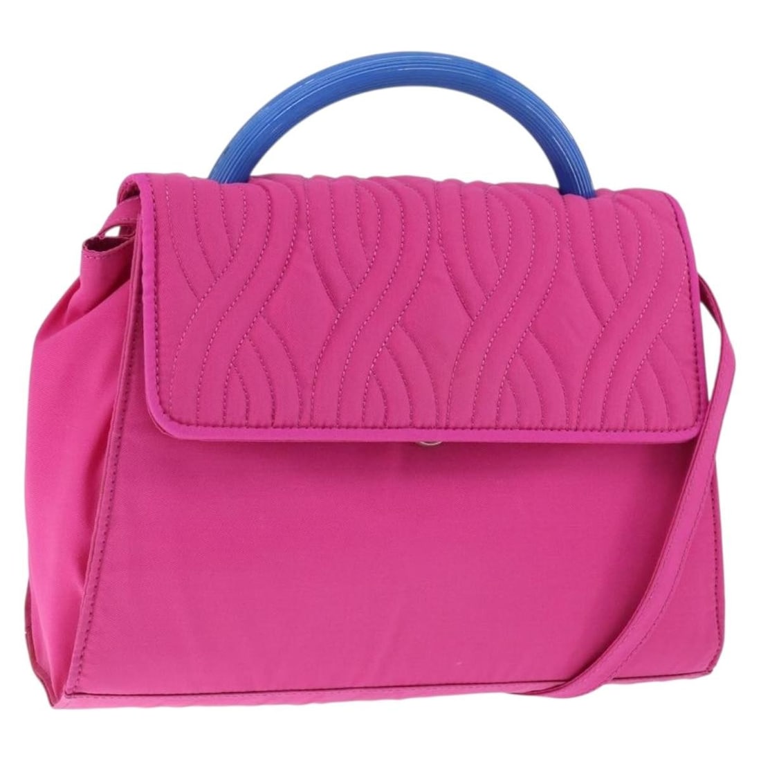 Fendi Nylon Pink Flap Bag with Top Handle for Women: Fendi Nylon Pink Flap Bag with Top Handle for Women This pre-owned Fendi Top Handle Flap Bag for women features a pink nylon exterior with a structured design. The bag shows signs of wear including sl