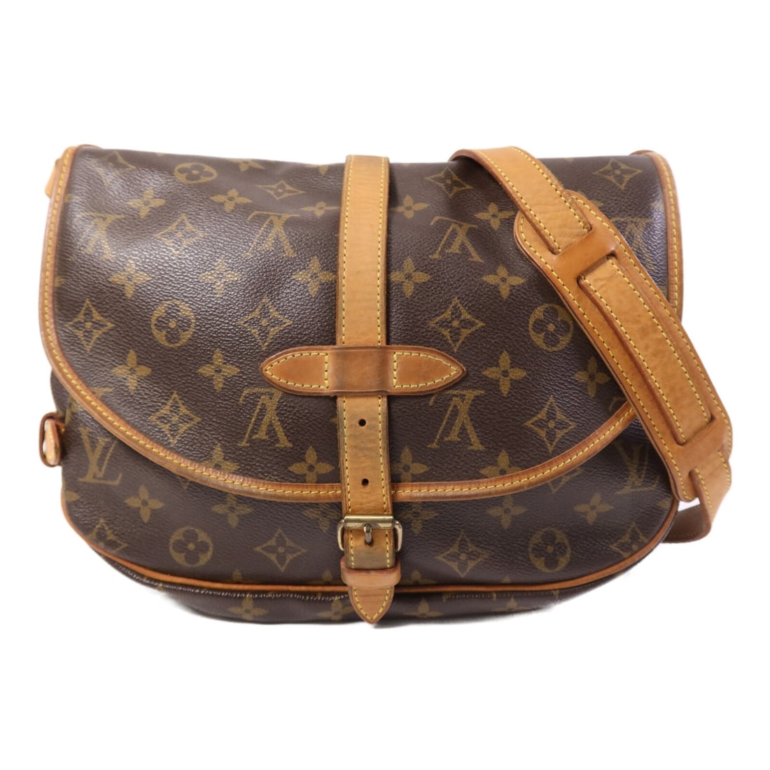 Louis Vuitton Saumur 30 Monogram Shoulder Bag with Gold Hardware M42256: Louis Vuitton Saumur 30 Monogram Shoulder Bag with Gold Hardware M42256 This Louis Vuitton Saumur 30 shoulder bag features the signature Monogram pattern on durable PVC coated canvas in brown. Designe