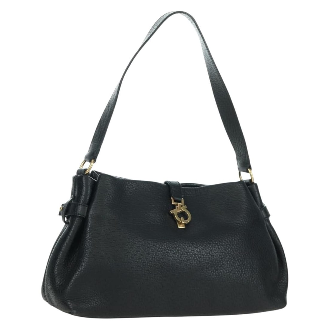 Ferragamo Gancini Black Leather Shoulder Bag with Gold Tone Hardware: Ferragamo Gancini Black Leather Shoulder Bag with Gold Tone Hardware This Salvatore Ferragamo Gancini shoulder bag is crafted from black leather with gold-tone accents. Designed for women, it features