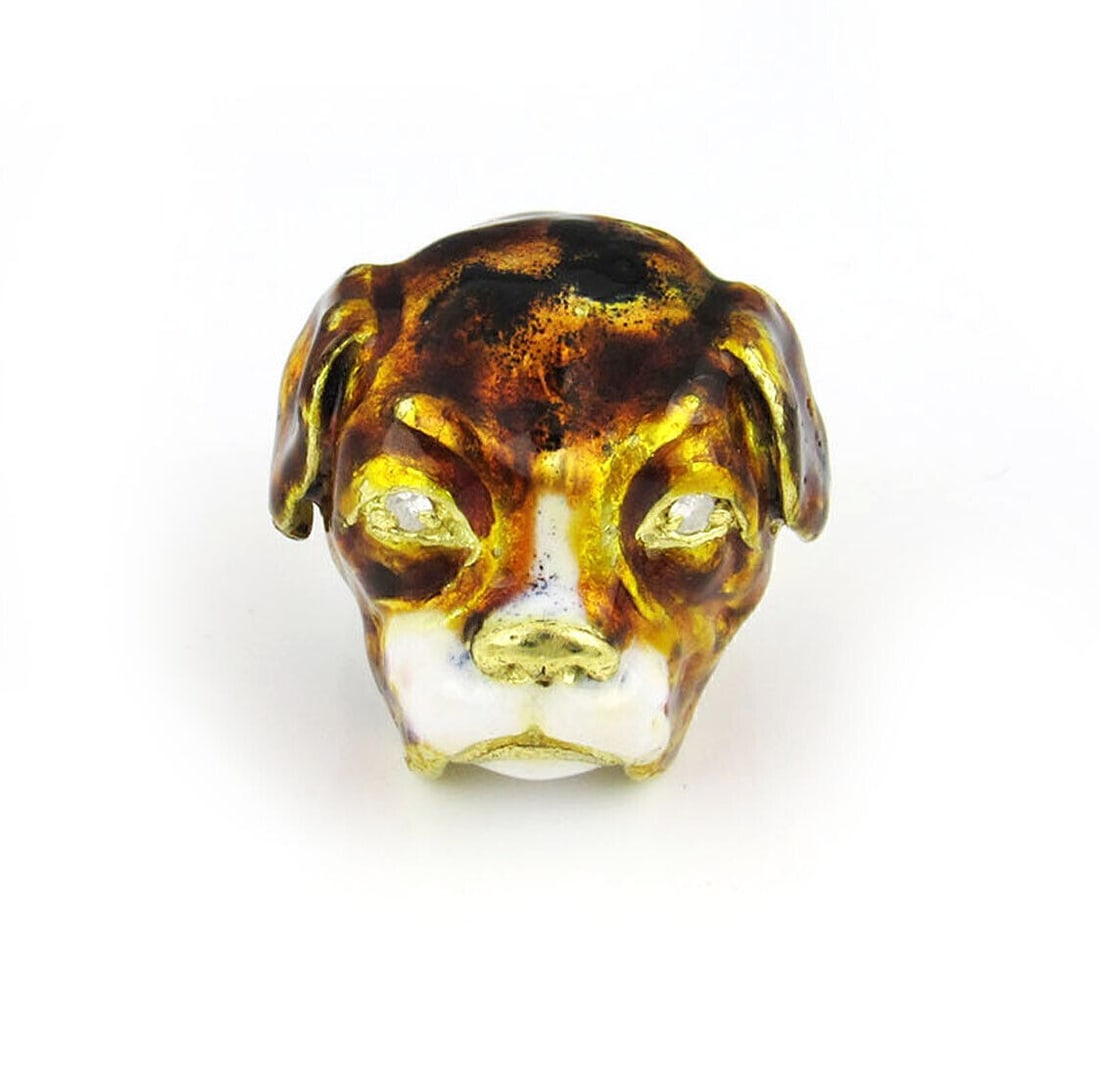 3D Dog Head Ring in 18k Yellow Gold with Diamonds and Enamel Size 6: 3D Dog Head Ring in 18k Yellow Gold with Diamonds and Enamel Size 6 This 3D dog head ring is crafted from 18k yellow gold, featuring intricate enamel detailing and diamond accents. The design showcase