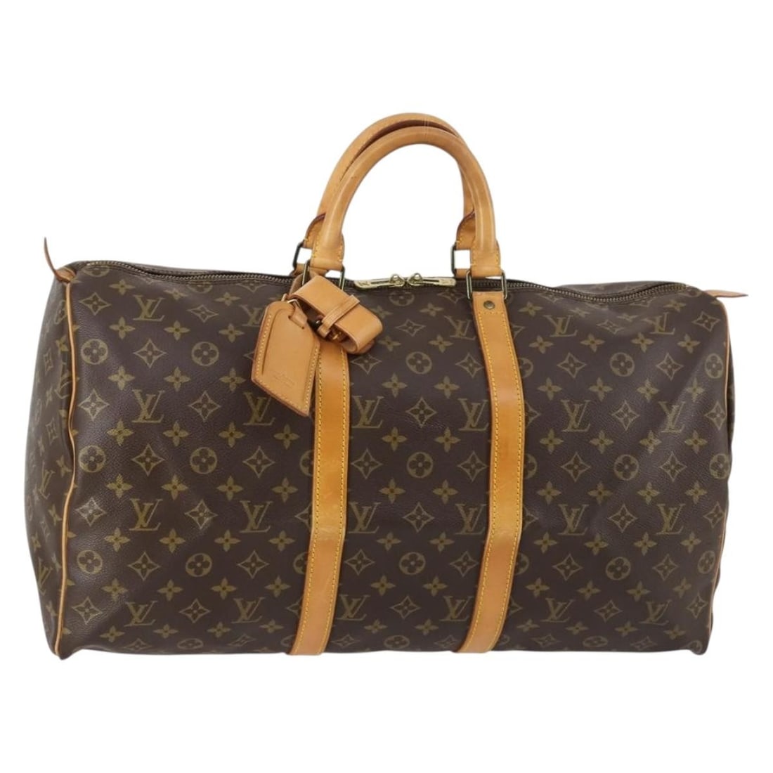 Keepall 50 Monogram Canvas Unisex Travel Bag by Louis Vuitton: Keepall 50 Monogram Canvas Unisex Travel Bag by Louis Vuitton This Louis Vuitton Keepall 50 Boston bag features the iconic monogram canvas in brown, designed for unisex use. The bag is pre-owned and r
