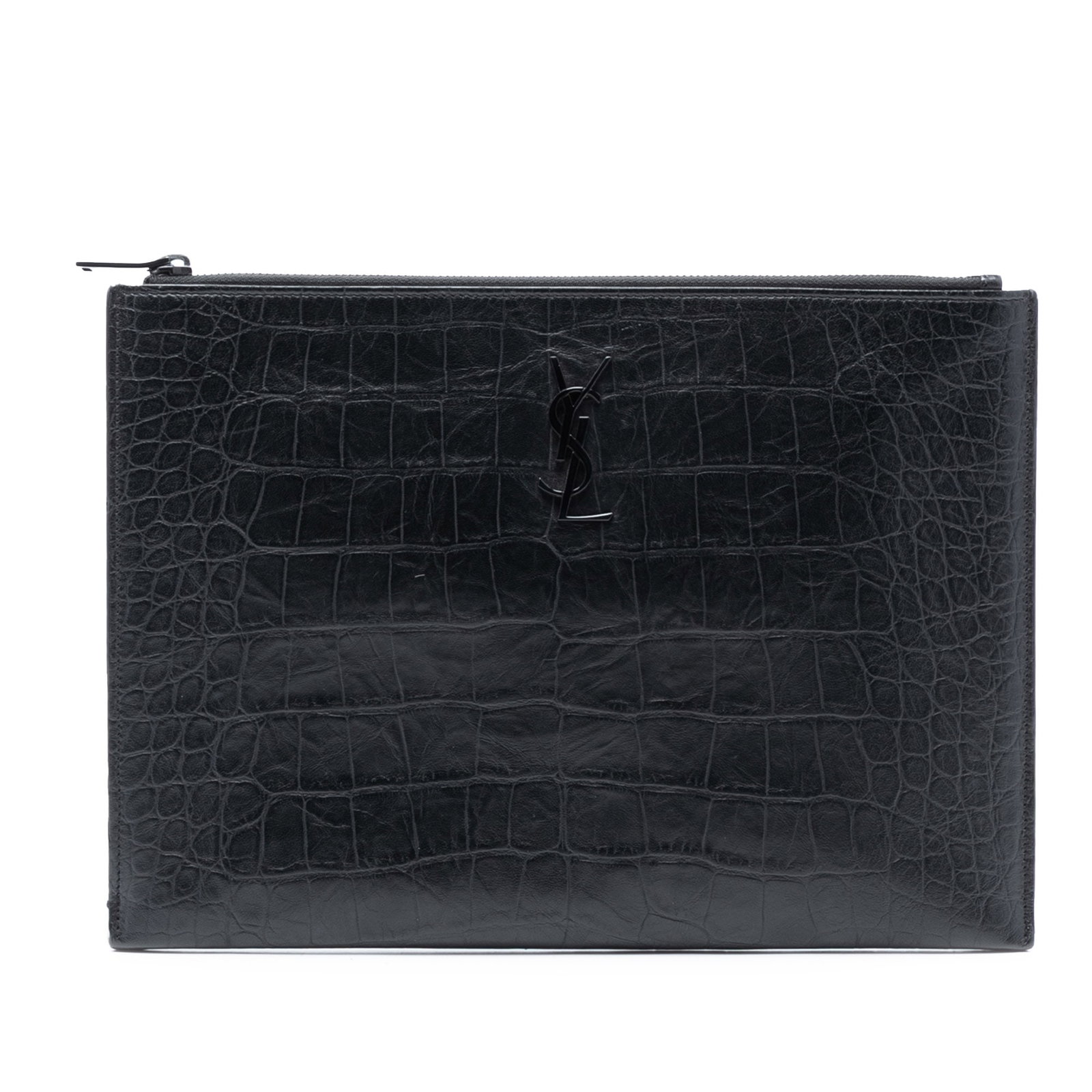 Black Croc Embossed Leather Monogram Clutch by Saint Laurent: Black Croc Embossed Leather Monogram Clutch by Saint Laurent This clutch bag features a croc-embossed leather exterior, a top zip closure, and an interior slip pocket. The bag is black in color and cr
