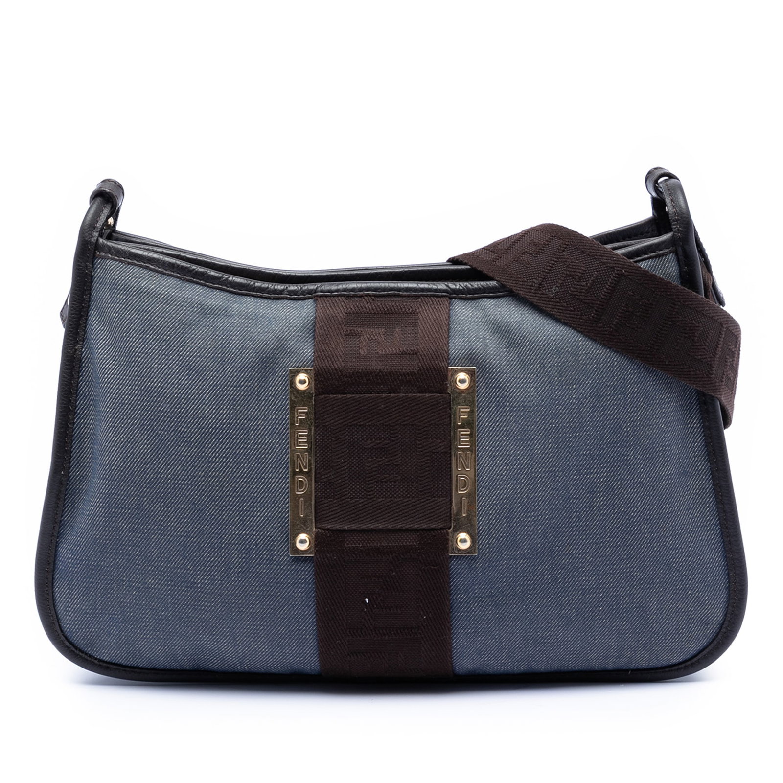 Fendi Blue Denim Pochette Bag with Leather Trim and Canvas Strap: Fendi Blue Denim Pochette Bag with Leather Trim and Canvas Strap This Fendi Denim Pochette Crossbody features a blue denim body with leather trim, a flat canvas strap, a slip compartment with magnetic