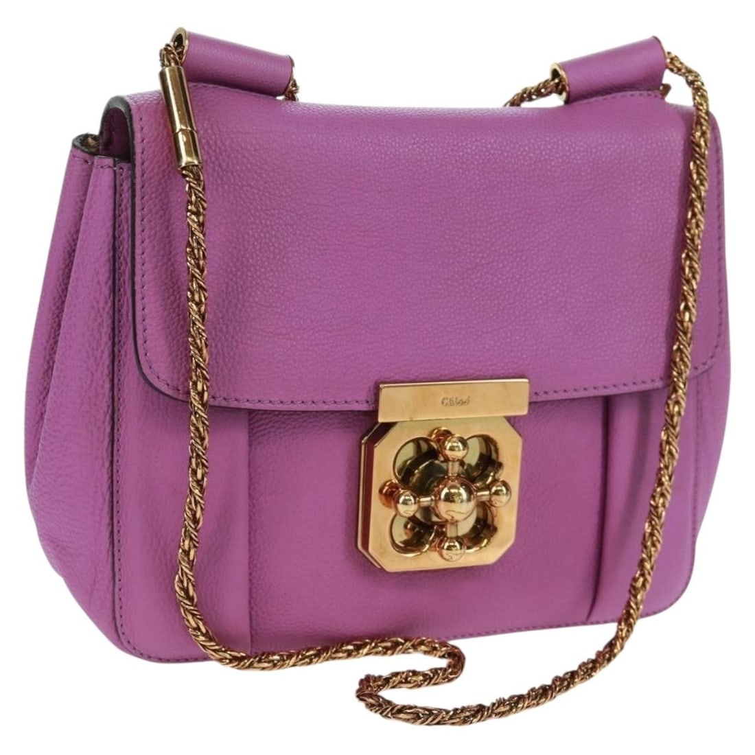 Chloe Elsie Purple Leather Shoulder Bag with Gold Chain Accent: Chloe Elsie Purple Leather Shoulder Bag with Gold Chain Accent This is a Chloe Elsie chain shoulder bag crafted from leather in a purple and gold color combination. The bag features a structured silho