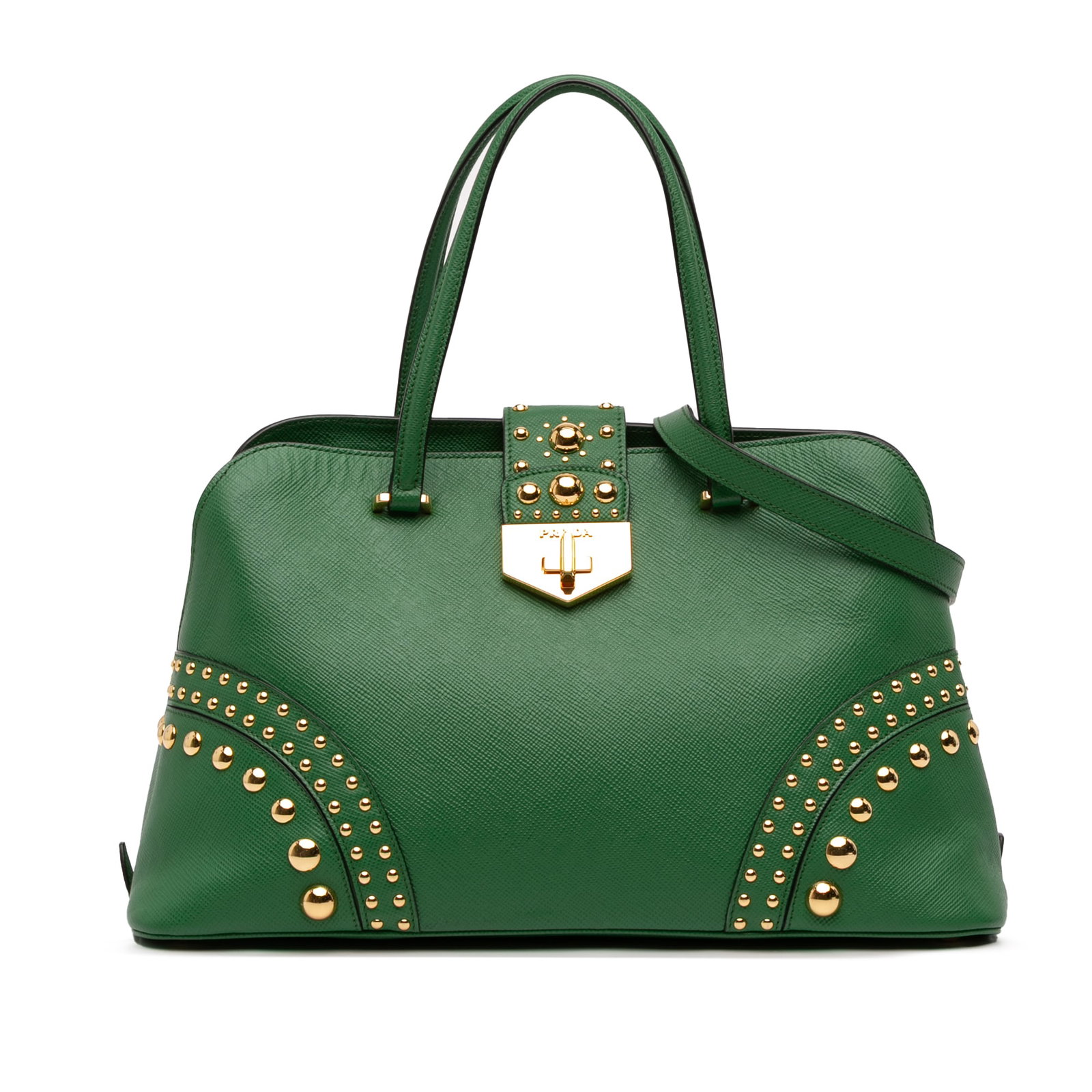 Prada Green Saffiano Leather Satchel with Stud Detail and Detachable Strap (1 of 12)