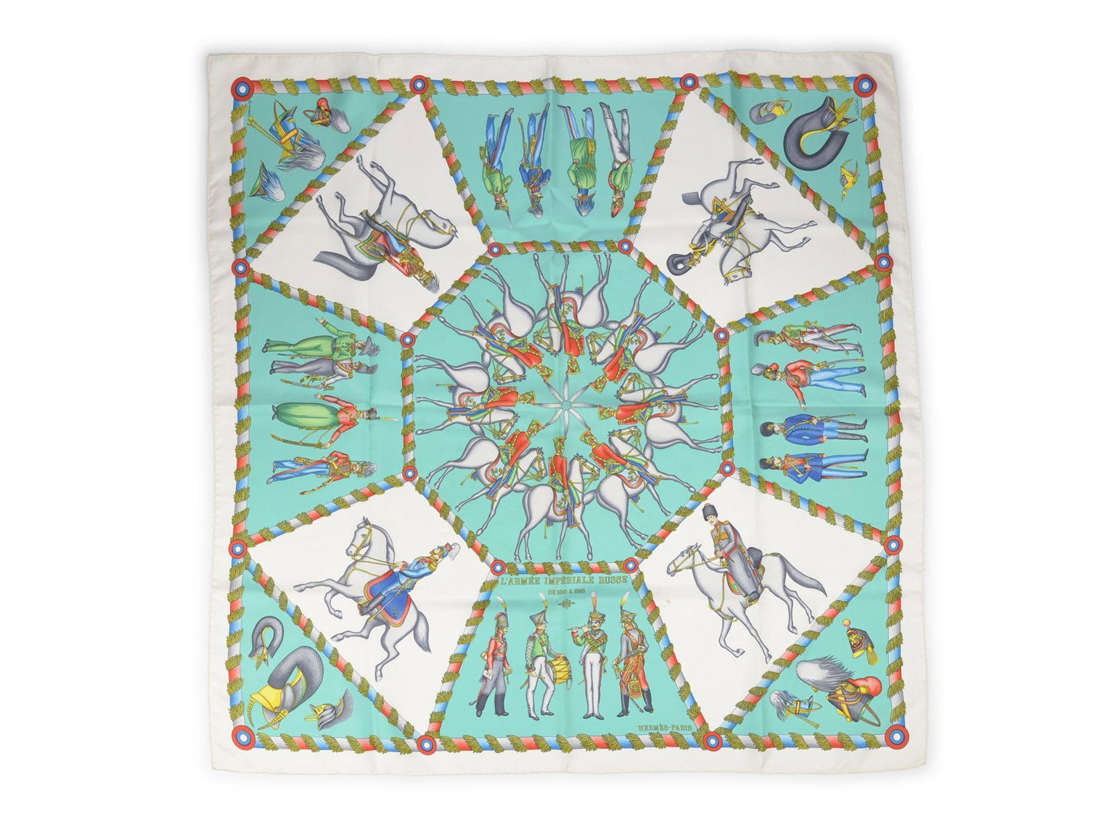 L'Armee Imperiale Russe Silk Scarf by Hermes 35 Inch Square: L'Armee Imperiale Russe Silk Scarf by Hermes 35 Inch Square Hermes "L'Armee Imperiale Russe" scarf crafted from 100% silk features hand rolled edges and displays the striking L'Armee Imperiale Russe p