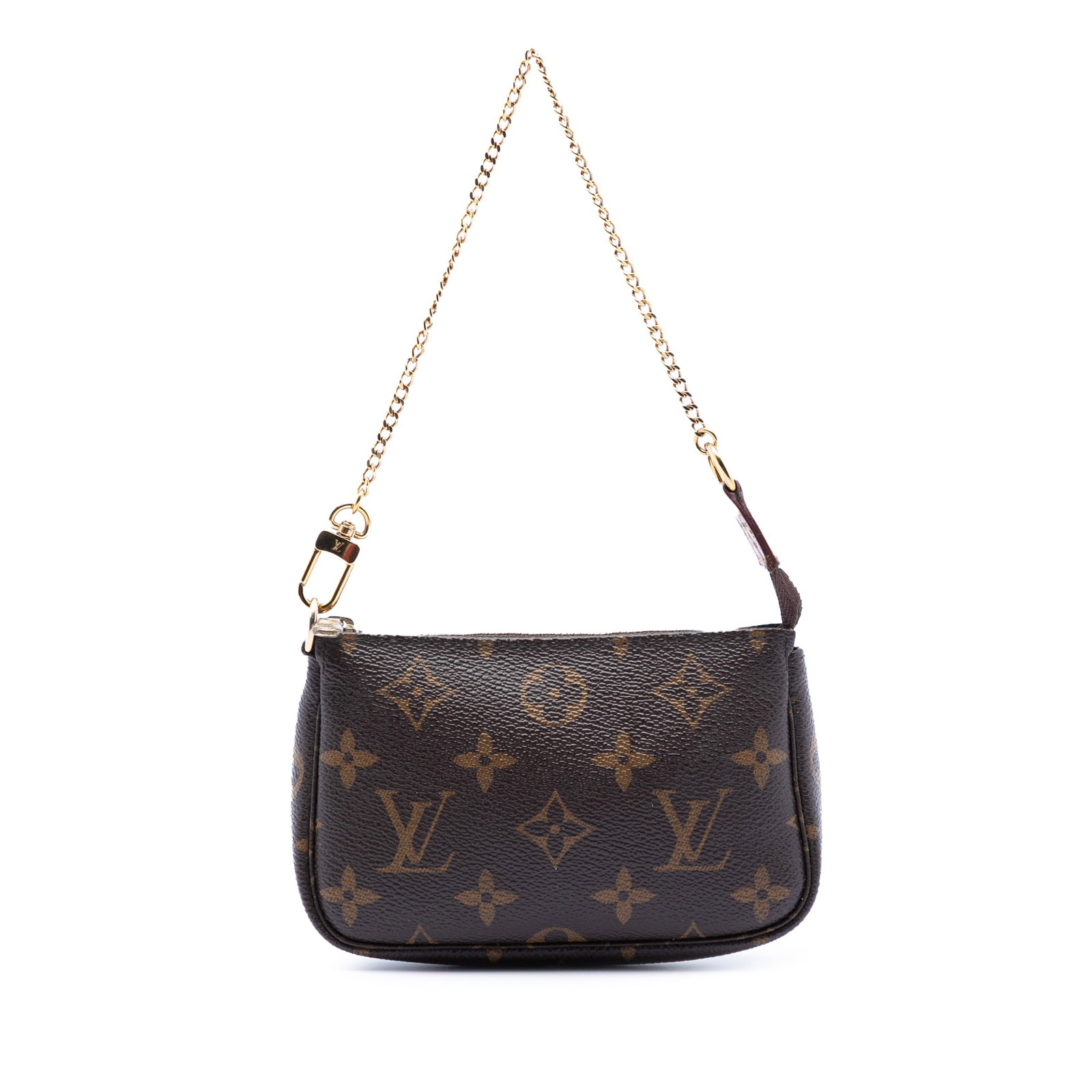 Louis Vuitton Brown Monogram Canvas Mini Pochette with Gold Chain Strap: Louis Vuitton Brown Monogram Canvas Mini Pochette with Gold Chain Strap This Louis Vuitton Mini Pochette Accessoires features the iconic monogram canvas exterior complemented by a gold-tone chain link