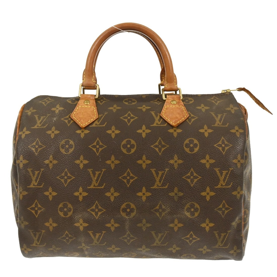 Speedy 30 Monogram Canvas Satchel by Louis Vuitton M41526: Speedy 30 Monogram Canvas Satchel by Louis Vuitton M41526 This Louis Vuitton Speedy 30 handbag features the iconic monogram canvas design with beige leather double handles. The bag includes a zip clos